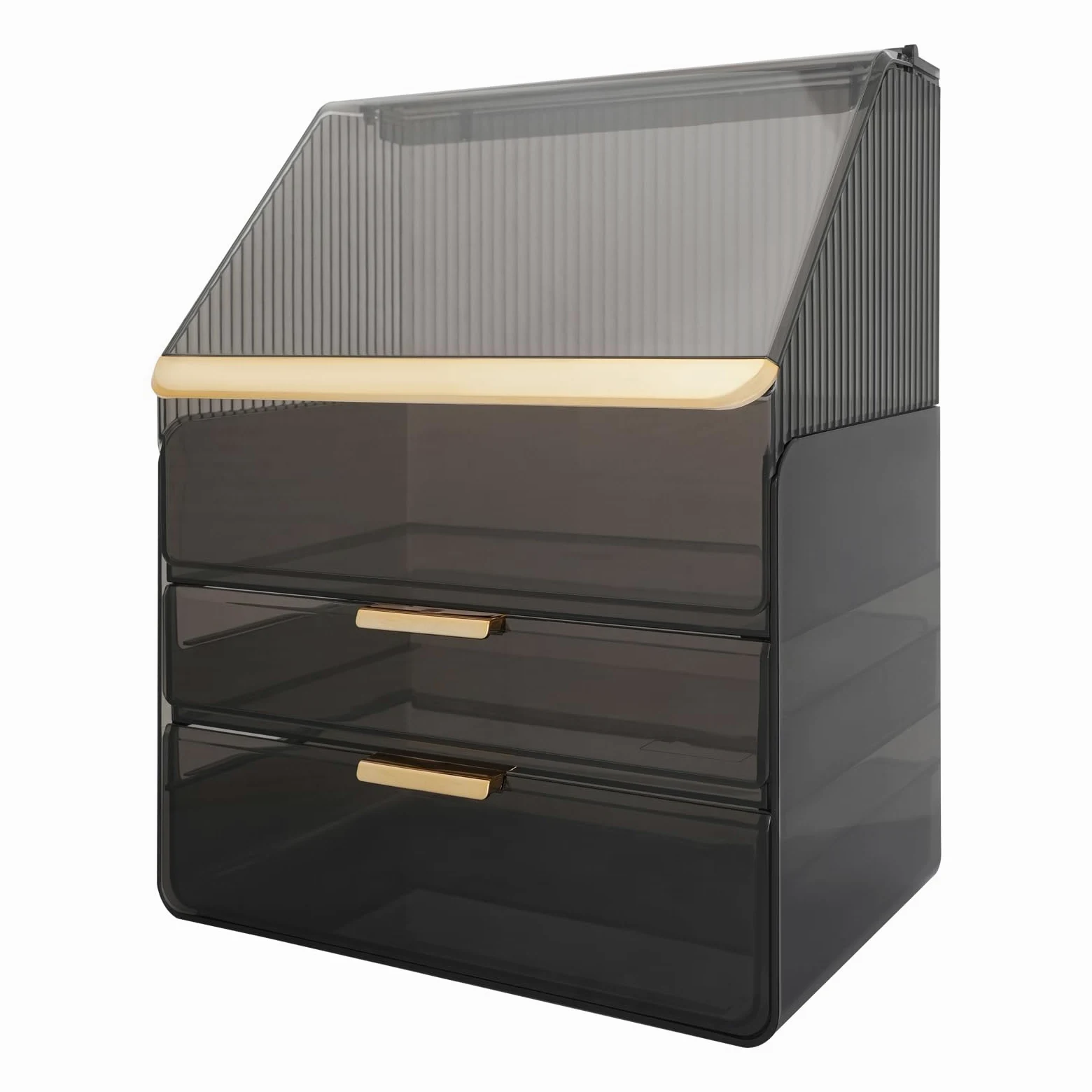 Organizer na kosmetyki do makijażu, czarny, PET i ABS, nowoczesny, prostokątny, 2 szuflady, 3 poziomy, z uchwytem na szminki, 30 x 19 x 37,2 cm
