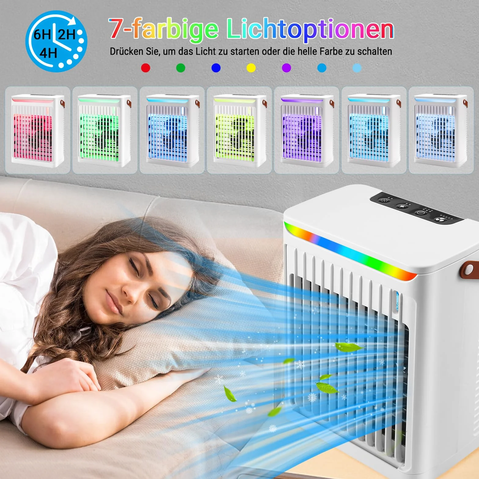 Przenośny mini klimatyzator 5 w 1 z 5 prędkościami nawiewu, 2 mgiełkami, timerem 2/4/6 H i LED, biały