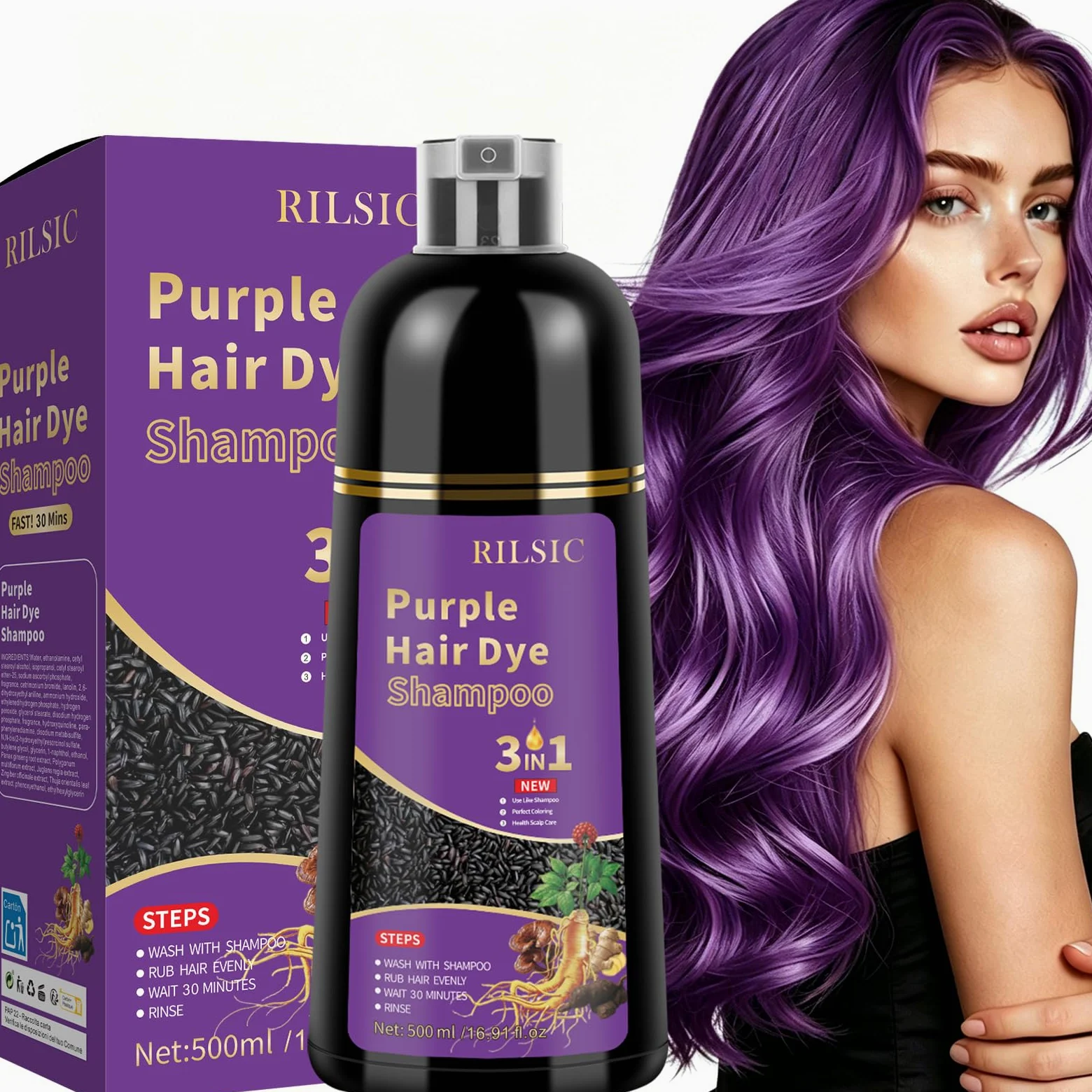 Purple Hair Dye Shampoo 3 w 1, szampon do farbowania włosów, fioletowy do siwych włosów, natychmiastowy szampon do farbowania włosów, dla mężczyzn i kobiet (500 ml)