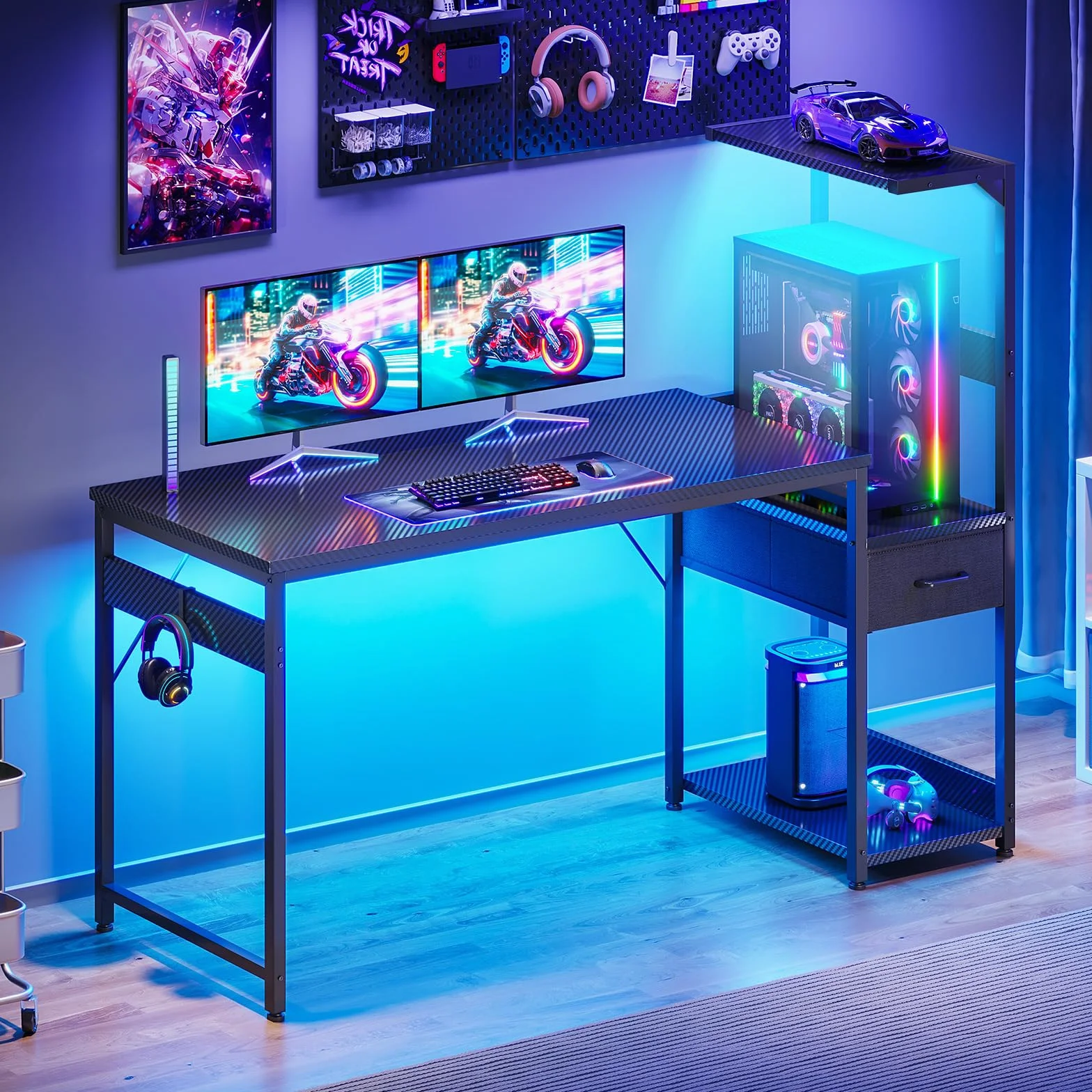 Coleshome Biurko gamingowe z oświetleniem LED, 138×48 cm, Czarne włókno węglowe