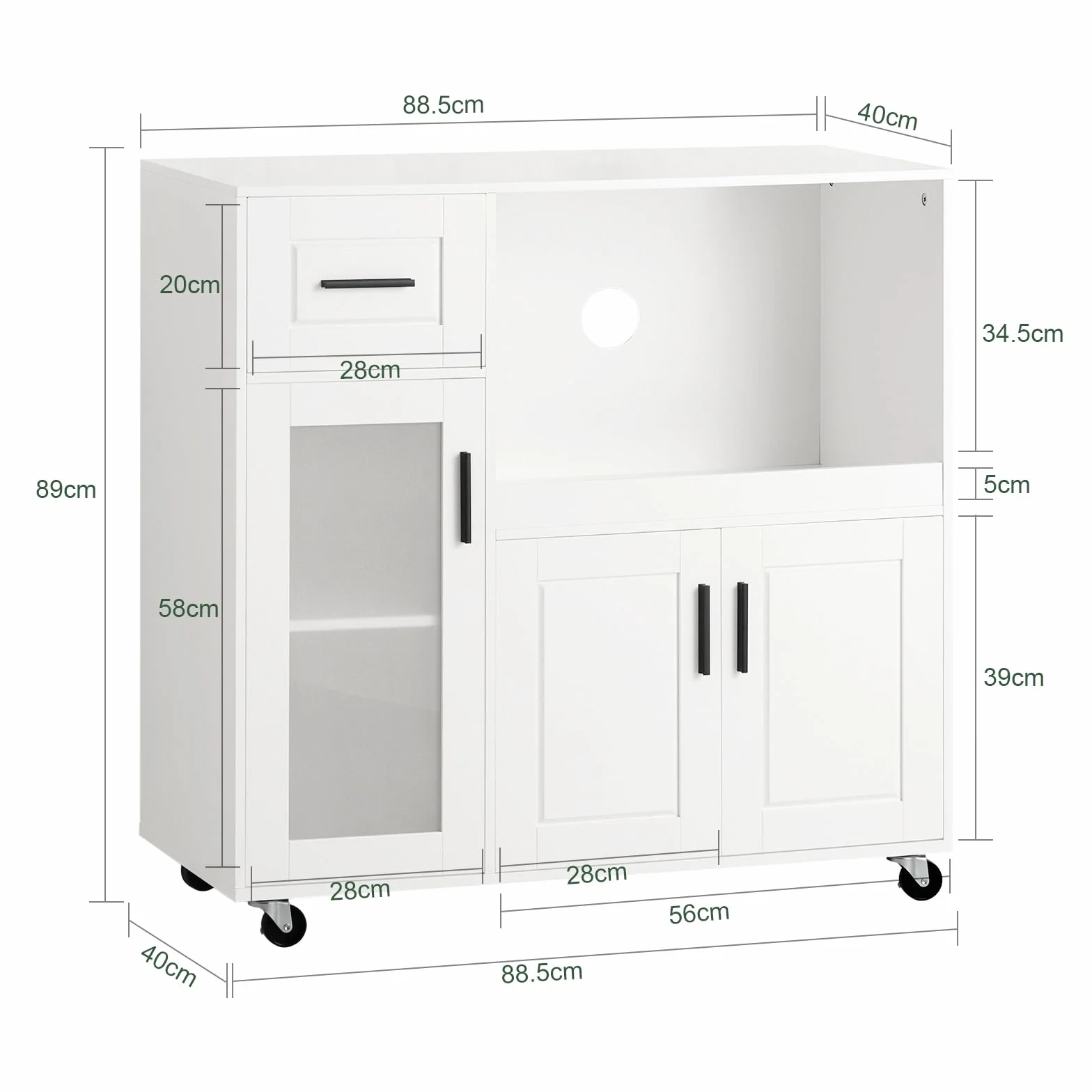 SoBuy FSB78-W Szafka Kuchenna Wózek kuchenny Kredens na Kółkach Komoda do przechowywania Regał Półka Stolik Mikrofalowa Biały 40 x 88.5 x 89 cm