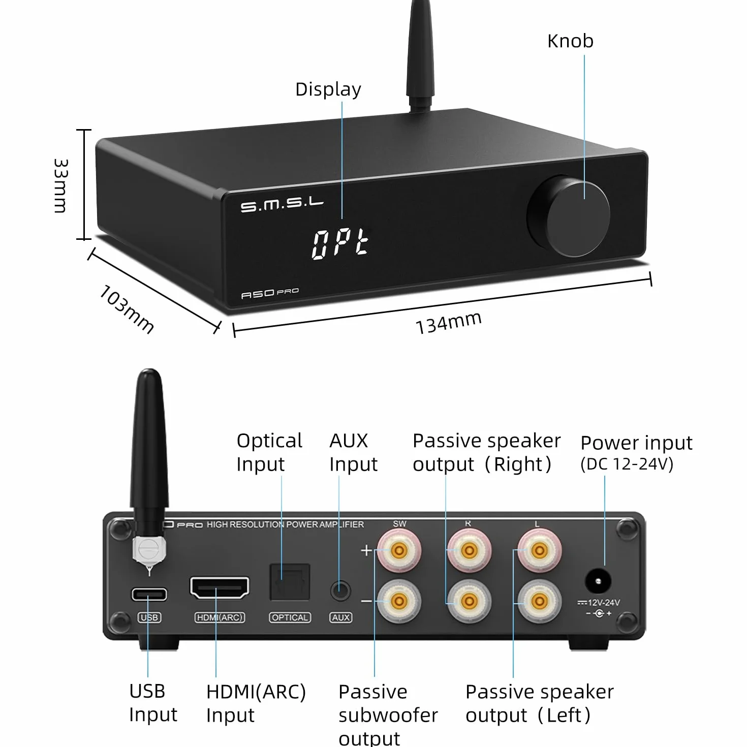 S.M.S.L A50PRO Wzmacniacz mocy HiFi, filtr górno-/dolnoprzepustowy 2.1-kanałowy, układ MA12070P Infineon, wejście Bluetooth 5.0/USB/HDMI/AUX, pasywny subwoofer z regulacją głośności (A50 PRO)