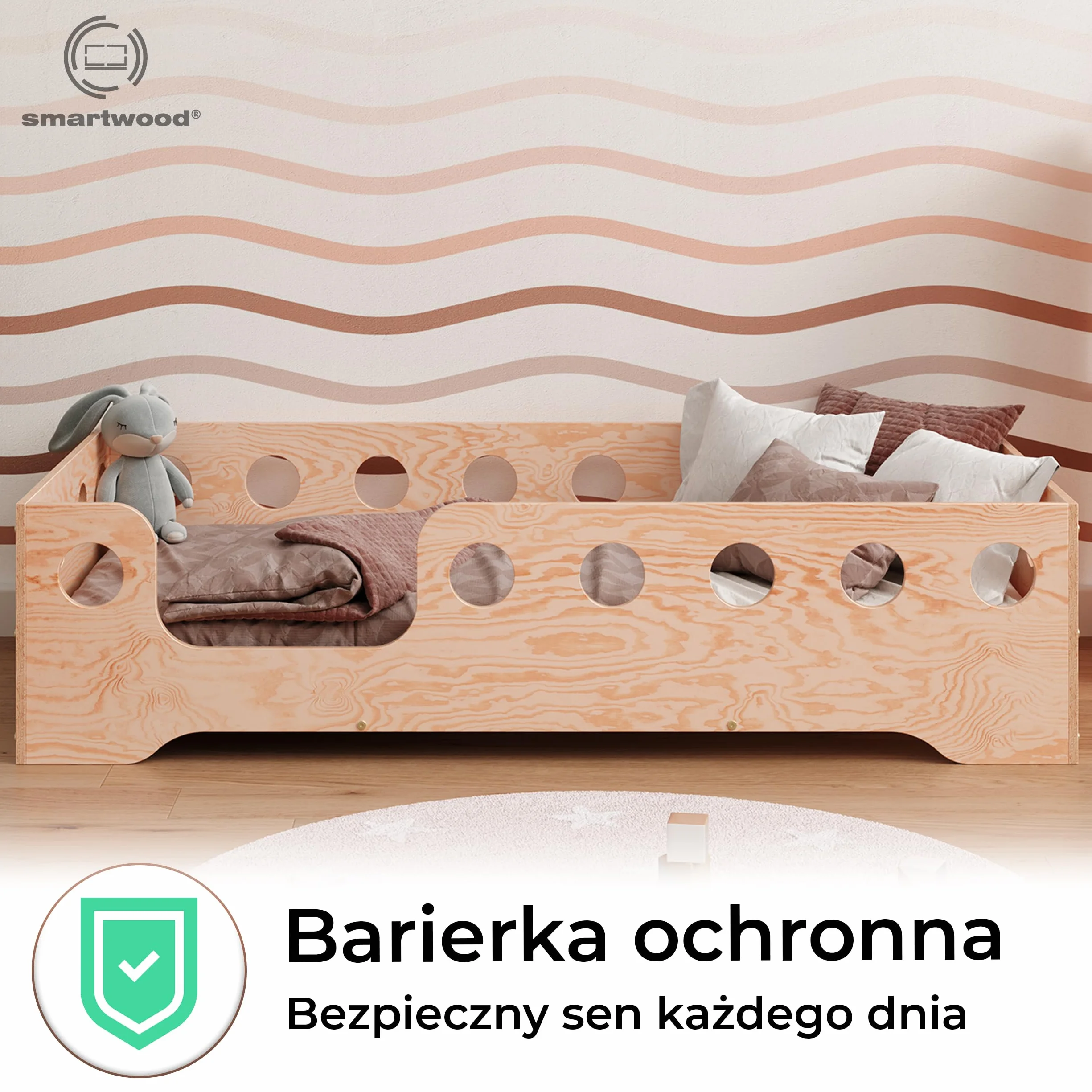 Smartwood Łóżko Dziecięce 200x90 Drewniane TILA 4L Naturalne Montessori ze Stelażem 230 kg
