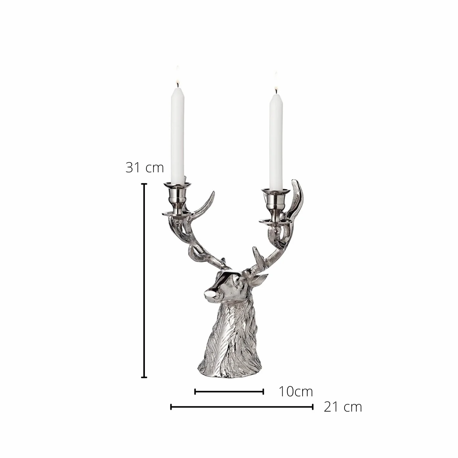 EDZARD Świecznik jeleń aluminium niklowane 33 cm 2 stożkowe świeczki