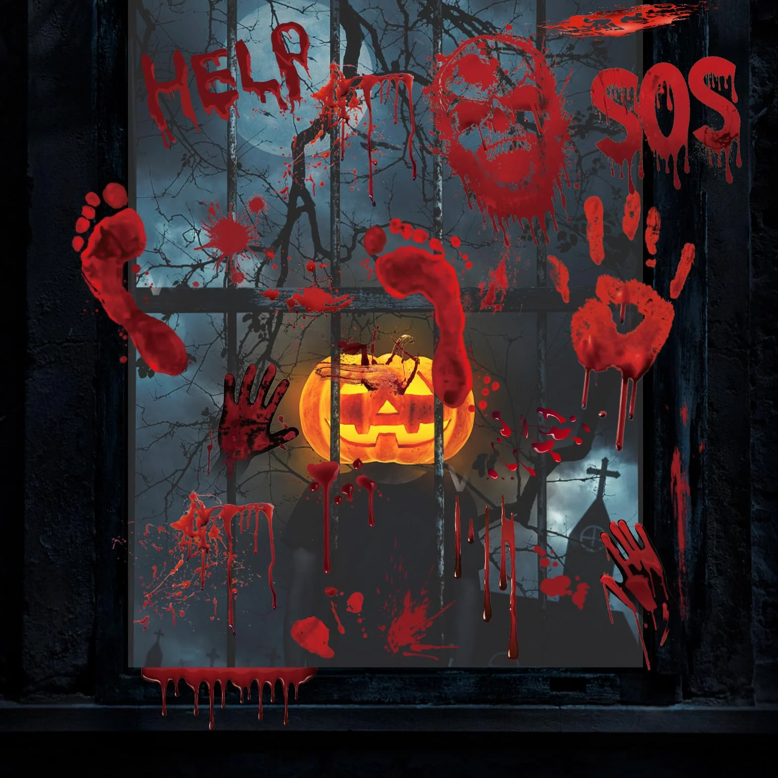 Halloween naklejki okienne krwawy odcisk dłoni 10 arkuszy zombie dekoracja