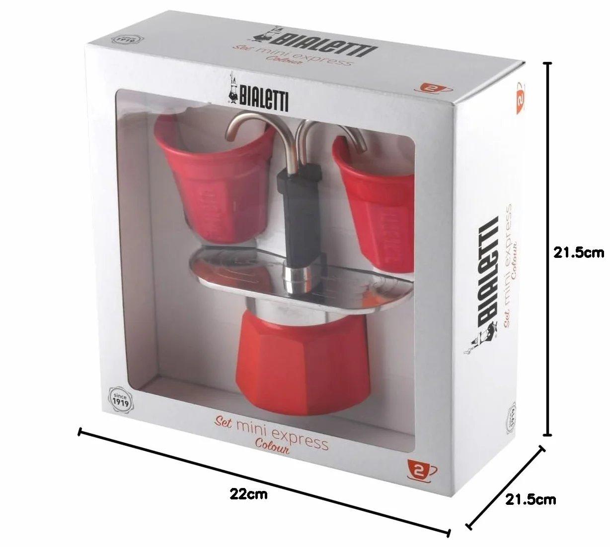 Bialetti Zestaw Mini Express z 2 filiżankami do espresso, aluminium, czerwony, 30 x 20 x 15 cm
