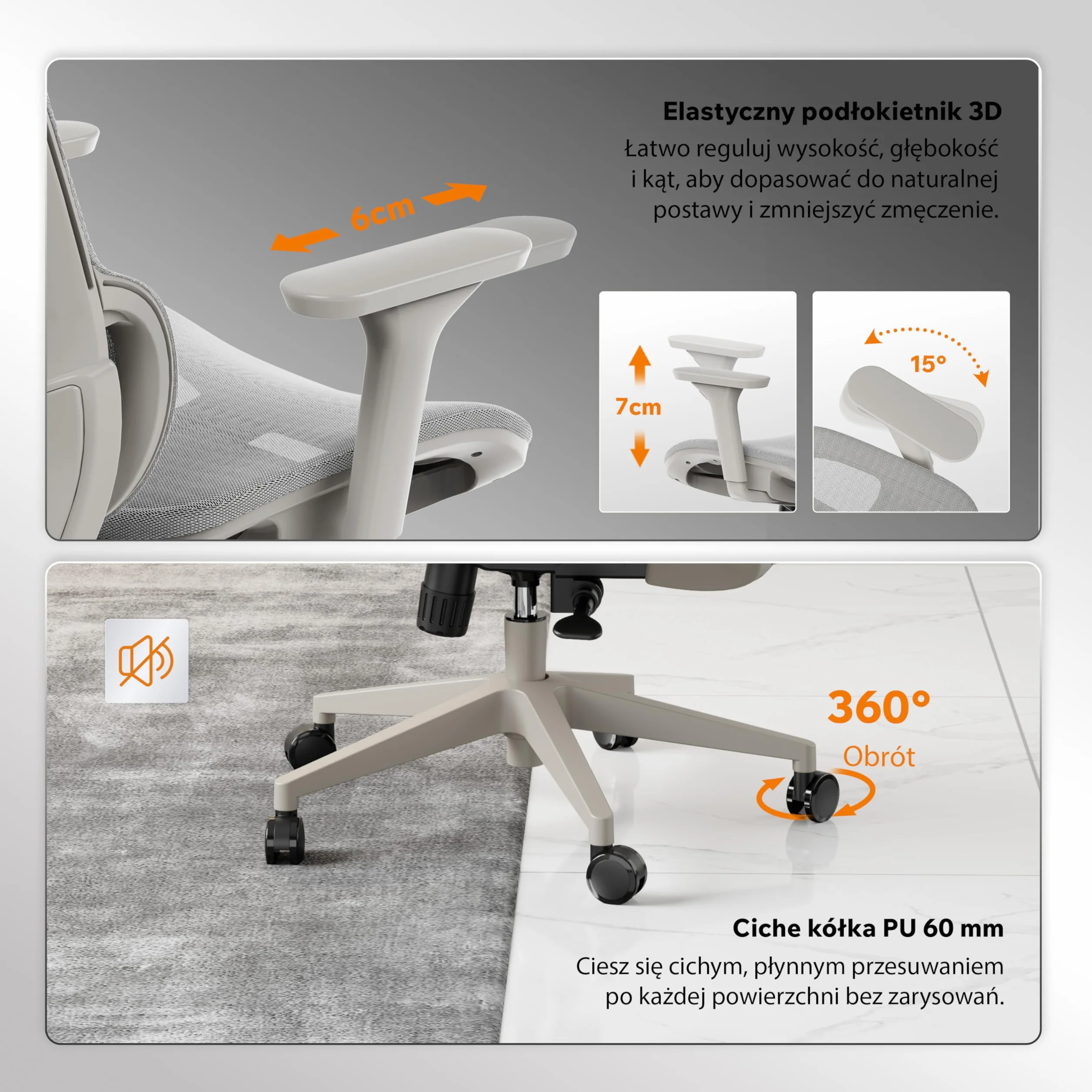 SENSE7 Krzesło Biurowe Ergonomiczne Neyo Fotel Obrotowy z Regulowanymi Podłokietnikami Zagłówek 3D Siatka Mesh Nachylenie 140° Szary