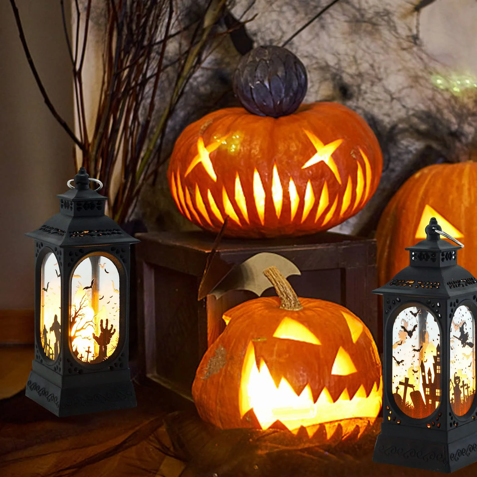Świeca LED halloweenowa 3 szt. latarnia retro lampa olejna dekoracyjna plastikowa wisząca