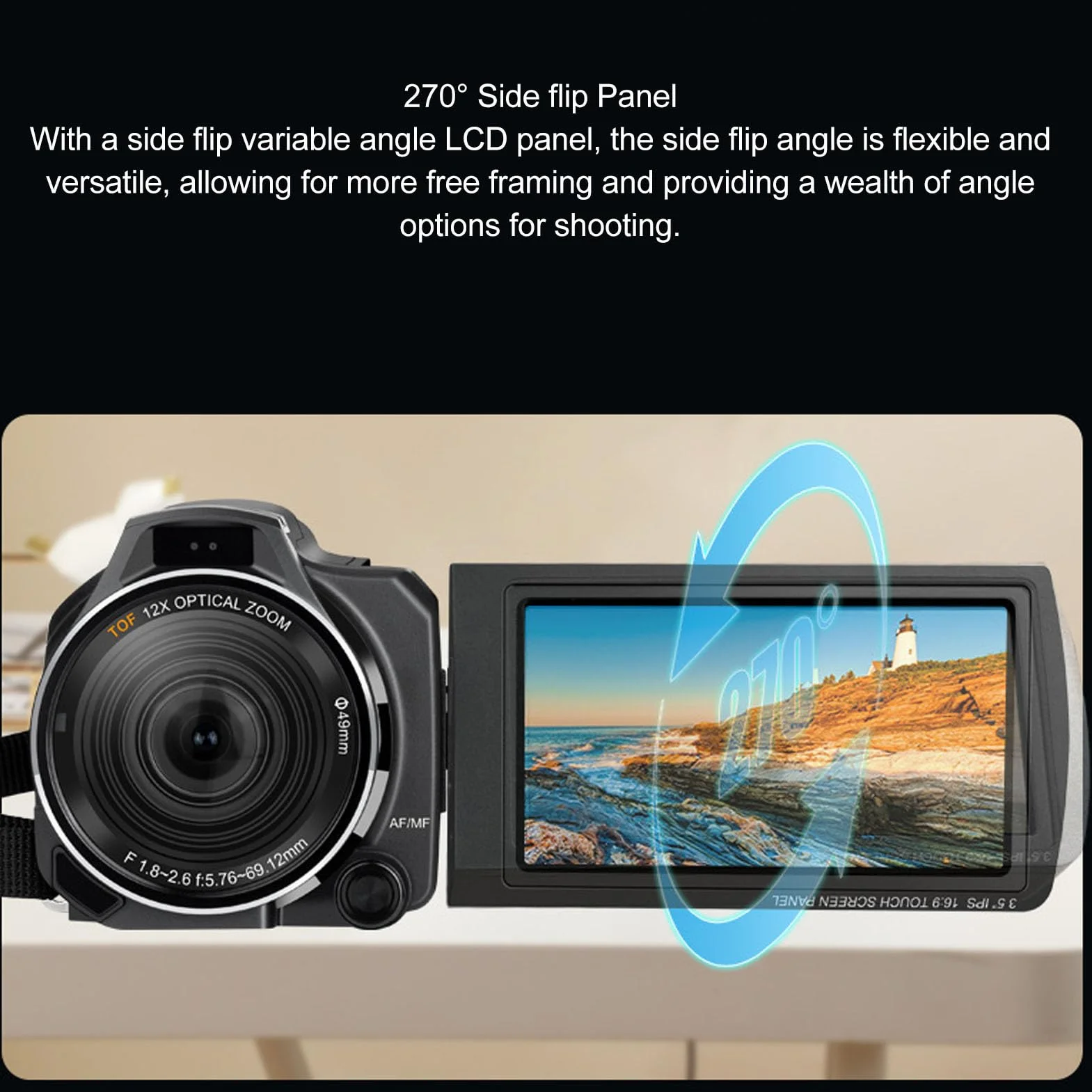 Kamera Wideo 5K, 12X Optica, Inteligentny Zoom 40X, Kamera do Vlogowania, 48 MP, 30 Kl./s z automatyczną regulacją Ostrości i 3,5-calowym Mikrofonem IPS z Ekranem Dotykowym do