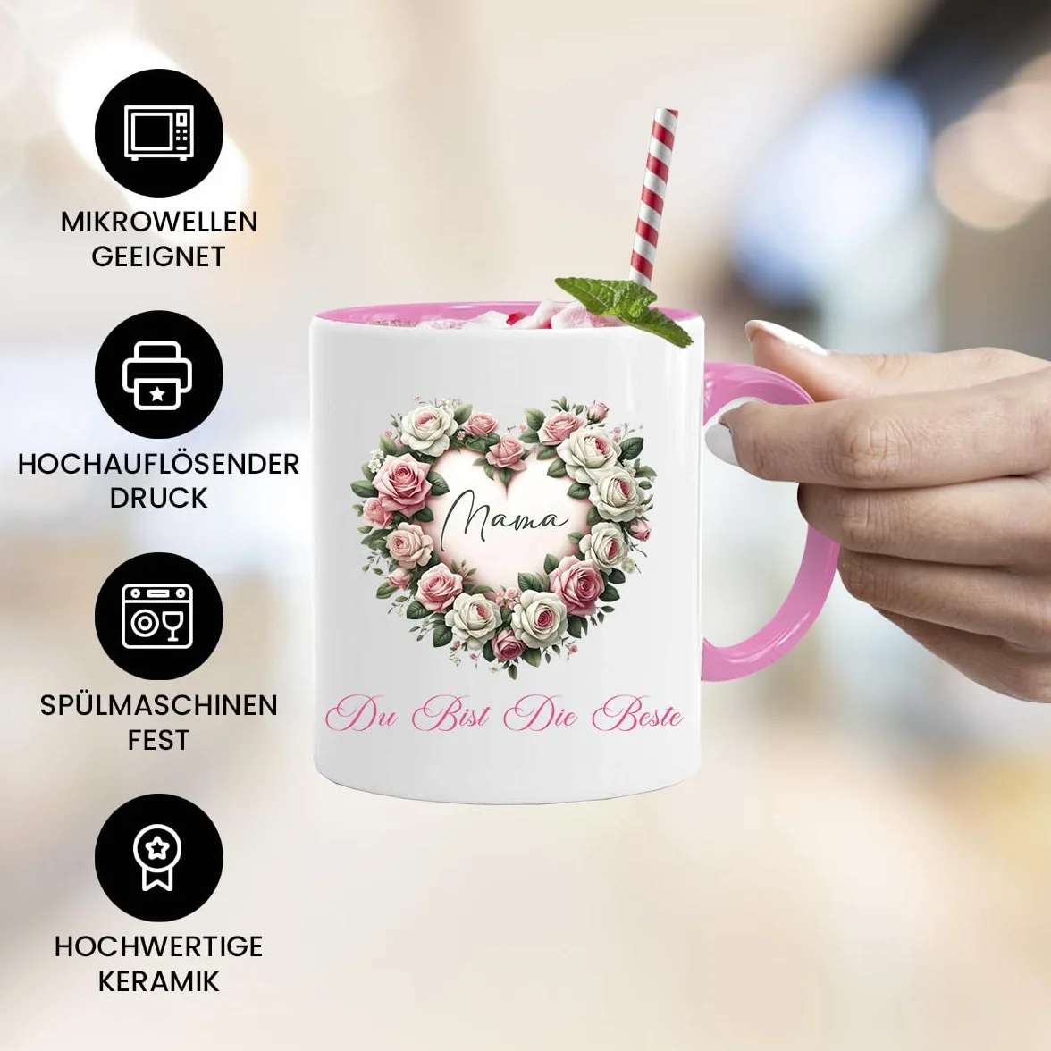 Zestaw upominkowy na Dzień Matki: Miś, kubek i podstawka - serce z kwiatów z napisem Mama