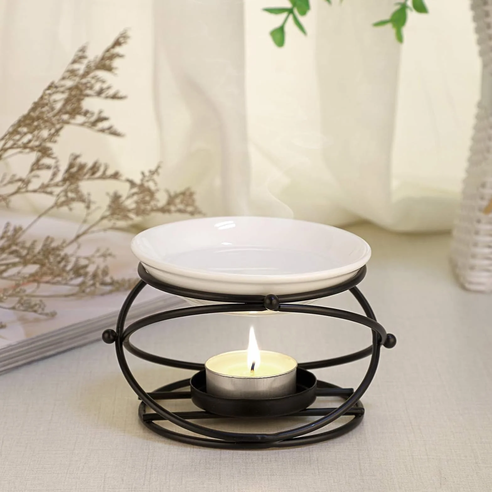 Palnik na olejki aromatyczne, palnik do topienia wosku z ceramiczną miską, geometryczny ceramiczny świecznik na olejki eteryczne, metalowy palnik na olejki eteryczne, do domu, biura,