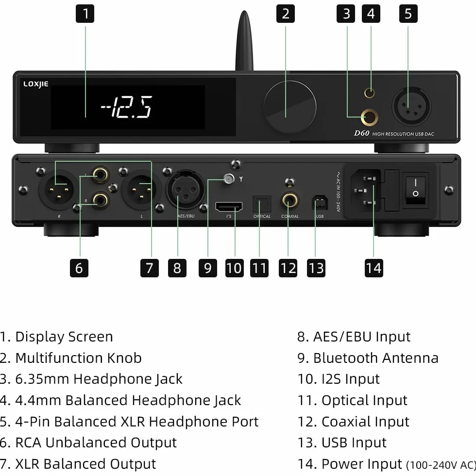 LOXJIE D60 HiFi wzmacniacz słuchawkowy, dekoder 6,35 mm/4,4 mm, słuchawki Jack 300Ω 700 mW x 2 Bluetooth 5.1, przekładnia I² S 7 filtrów ES9039MSPRO chip z pilotem zdalnego sterowania (czarny)