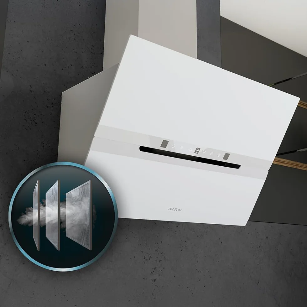 Cecotec Okap próżniowy 60 cm szkło hartowane. Bolero Flux DT 608010 szkło białe A++ 210 W, okap 60 cm, szkło białe, przepływ powietrza 800 m3/h, A++, elektroniczny, LED, węgiel Ø176, aluminium 5