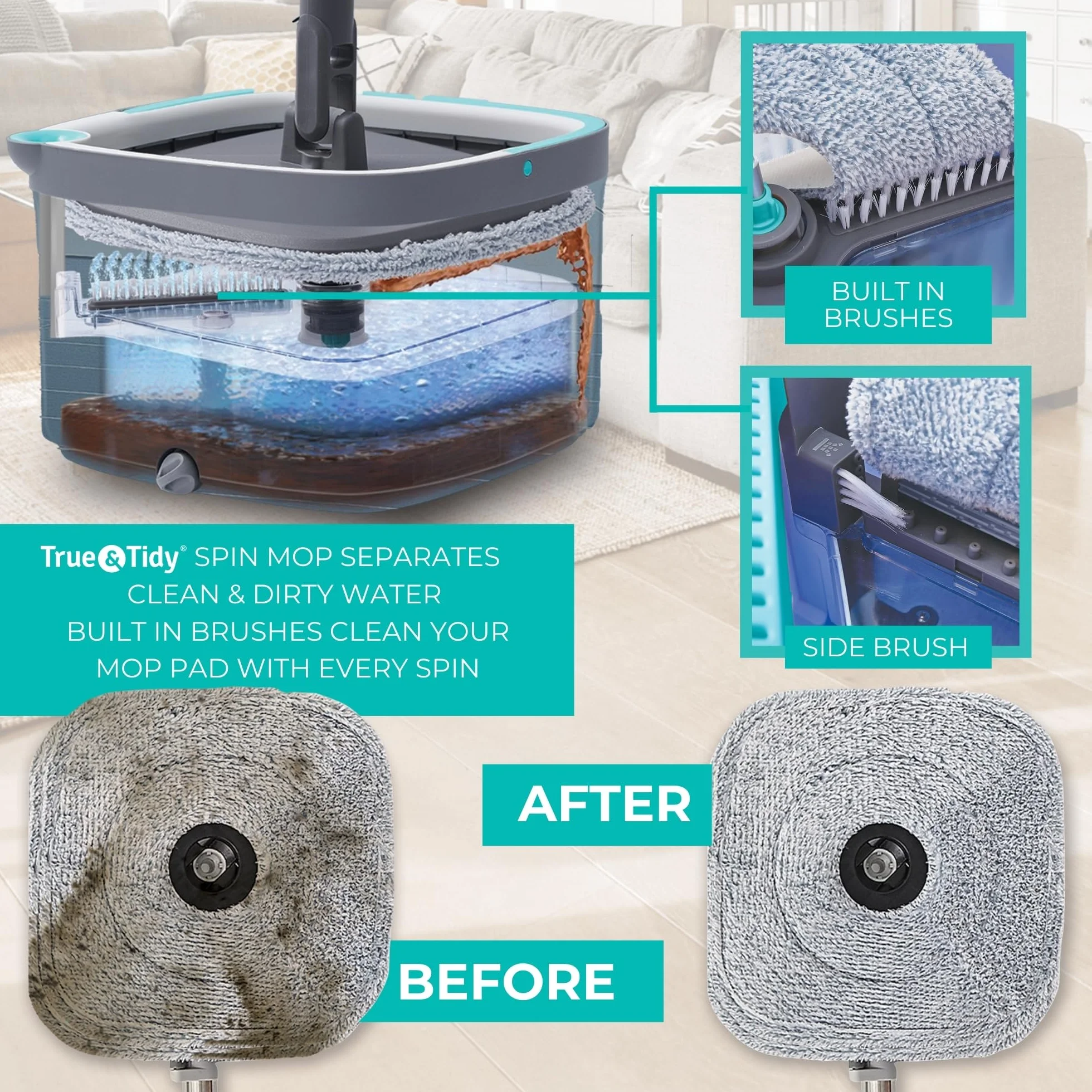 True & Tidy, True Clean Spin Mop i system wiadra, zawiera mop obrotowy, dwukomorowe wiadro do mopa i 2 grube zmywalne podkładki do mopa z mikrofibry, SPIN-800A, szary.