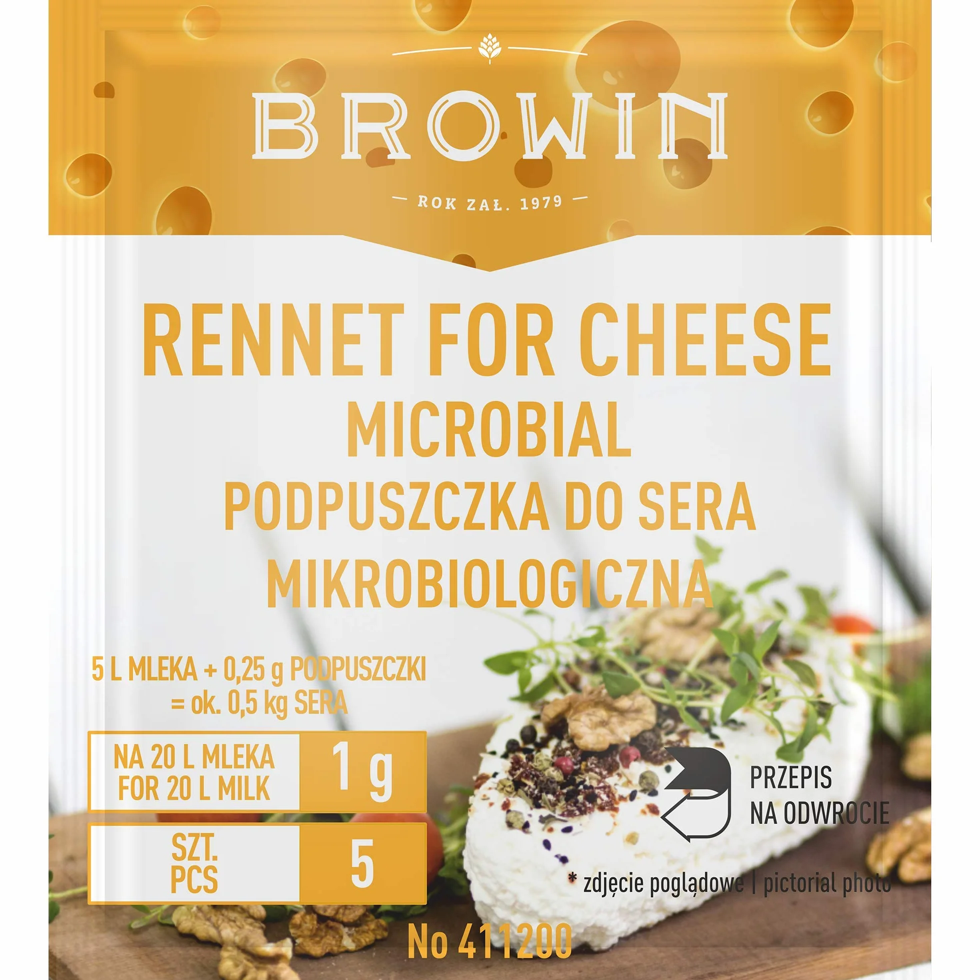 Browin 411200 podpuszczka w proszku, mikrobiologiczna, do sera 5 x 1 krowiego, mleka koziego i sojowego (1 g na 20 l), produkt wegetariański, aktywność 2 250 IMCU/ml, proszek