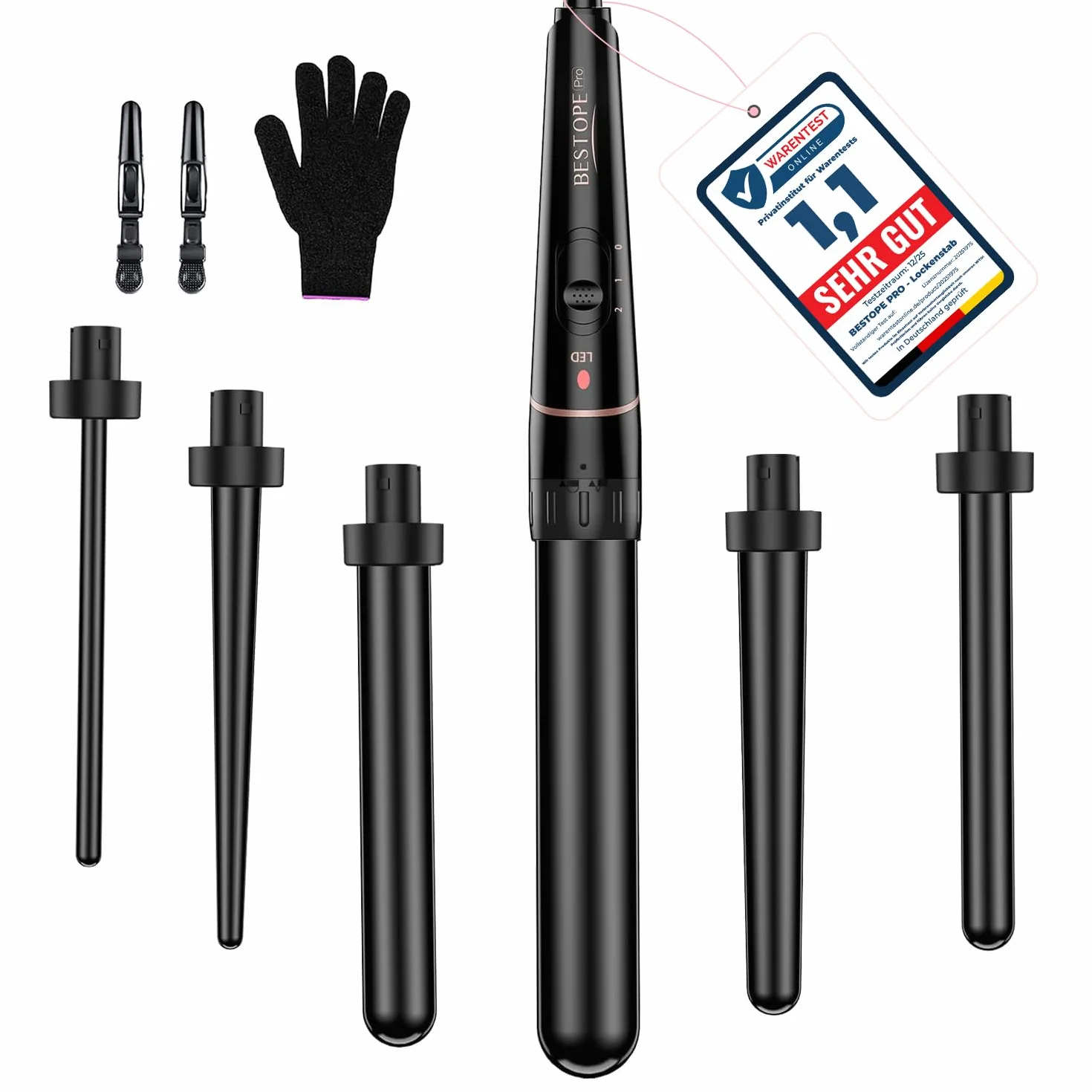 BESTOPE PRO 6 w 1 lokówka do włosów, duże loki i małe, lokówka z różnymi końcówkami, rękawiczki, regulacja temperatury, czarna