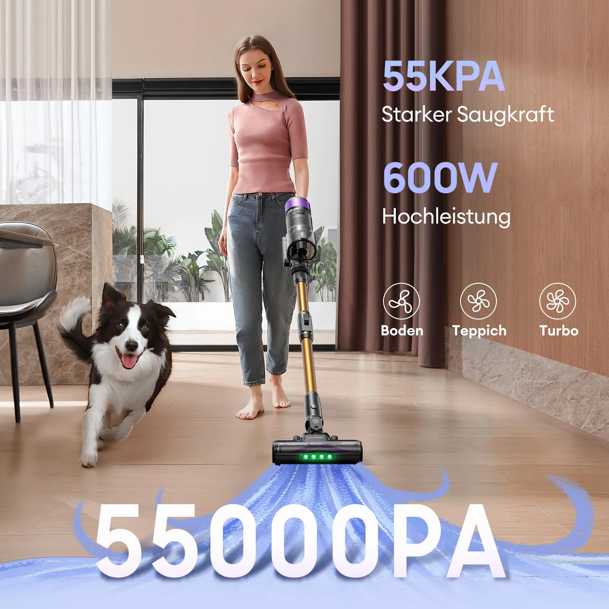 Ultenic U20 Odkurzacz Akumulatorowy 55000Pa/55Min, Funkcja Samostojąca, Szczotka Zapobiegająca Plątaniu, Wyświetlacz LED, Green Eye™, Do Twardych Podłóg i Dywanów