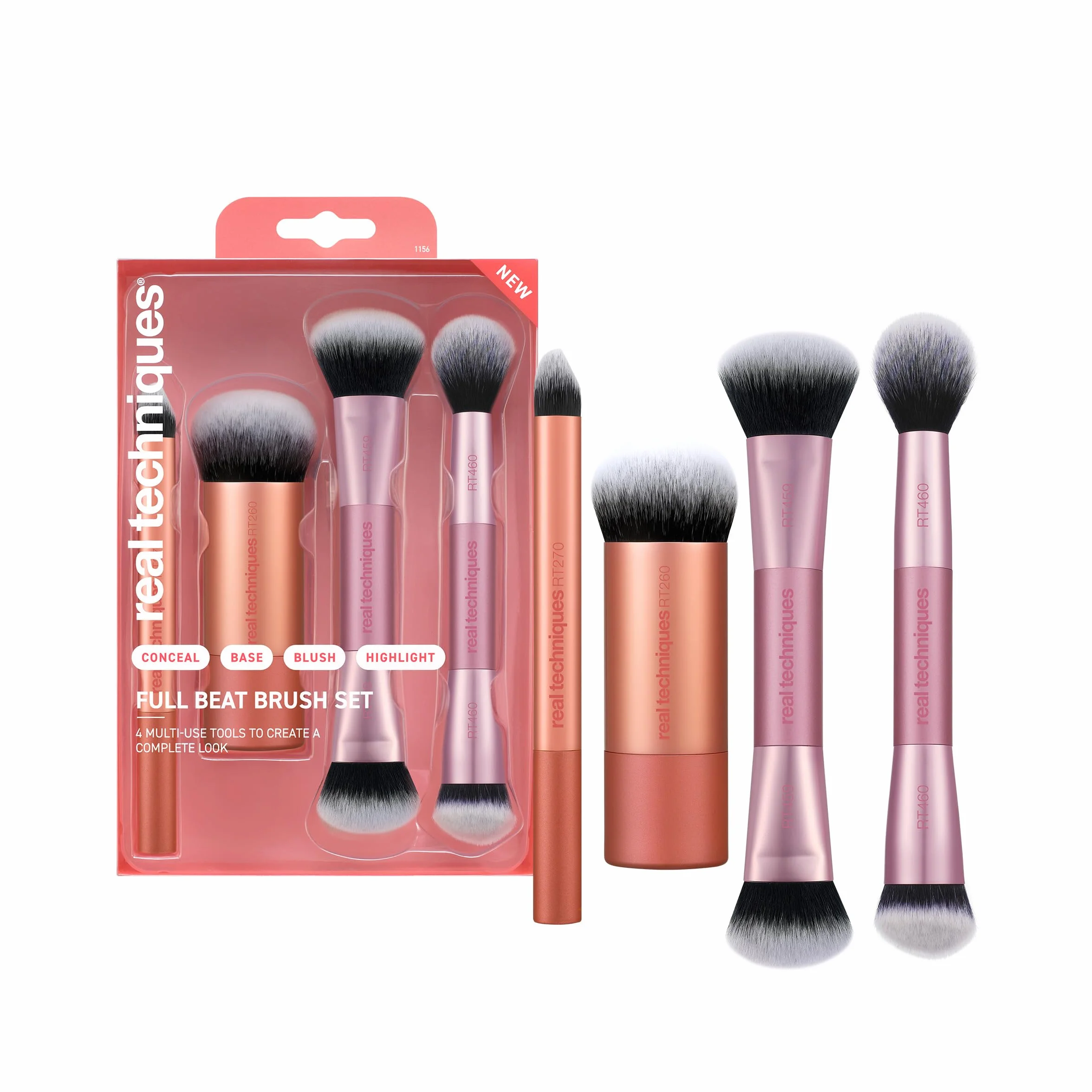 Real Techniques Full Beat zestaw pędzli do makijażu, 4-częściowy zestaw pędzli do podkładu, korektora, różu, konturu, rozświetlania i mieszania proszków, zestaw podróżny, miękkie włosie ultramiękkie, bez okrucieństwa