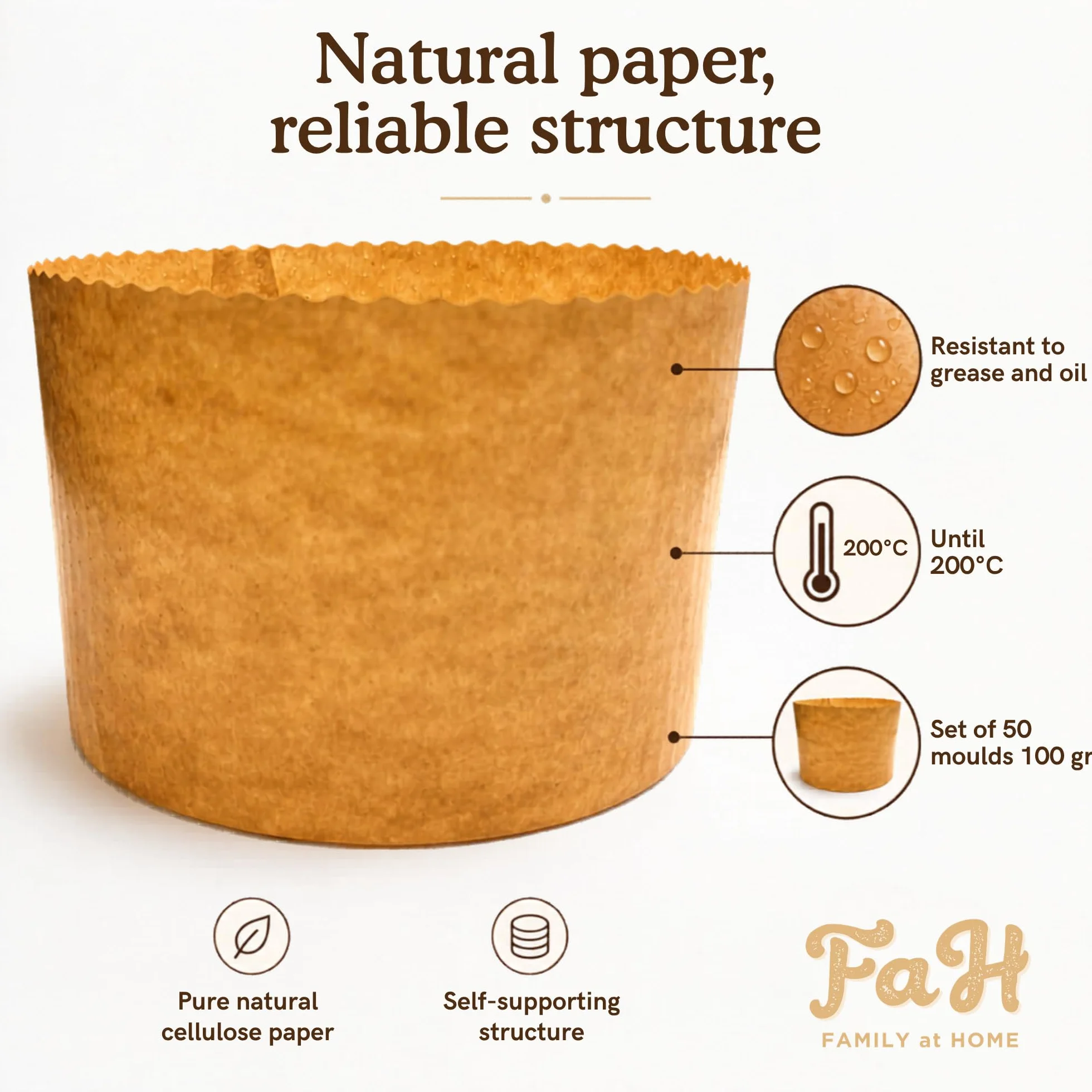 Mini formy Panettone wysoka (100 g - 50 sztuk), profesjonalny papier naturalny czysty celuloza o wysokiej gęstości, kalandrowane kształty do pieczenia dla pieczenia, odporne na ciepło 200°C