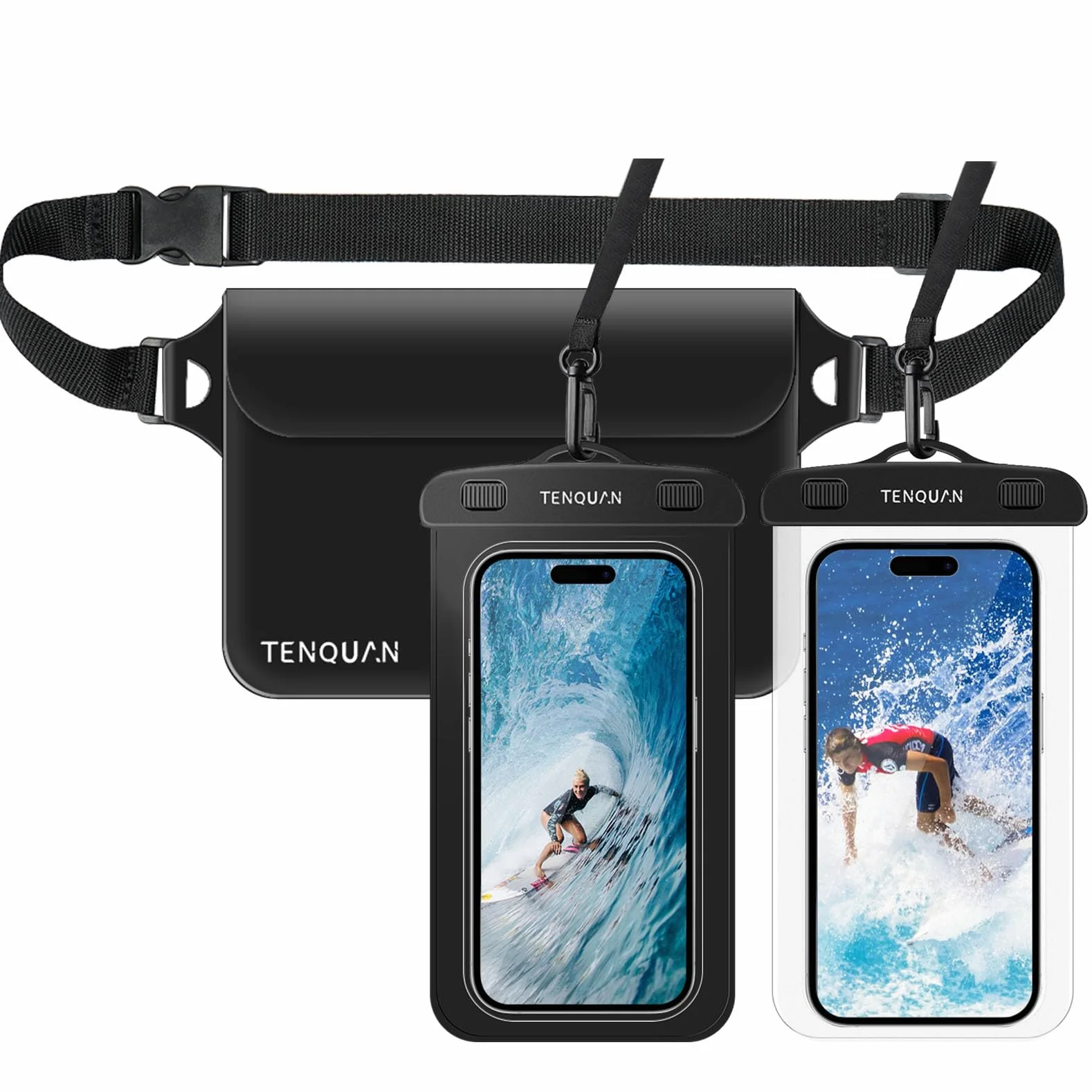 2 wodoodporne etui na telefon komórkowy i 1 wodoodporne etui na suchą torbę, pasek na talię/pasek na ramię, czarny (2 etui + 1 torba)