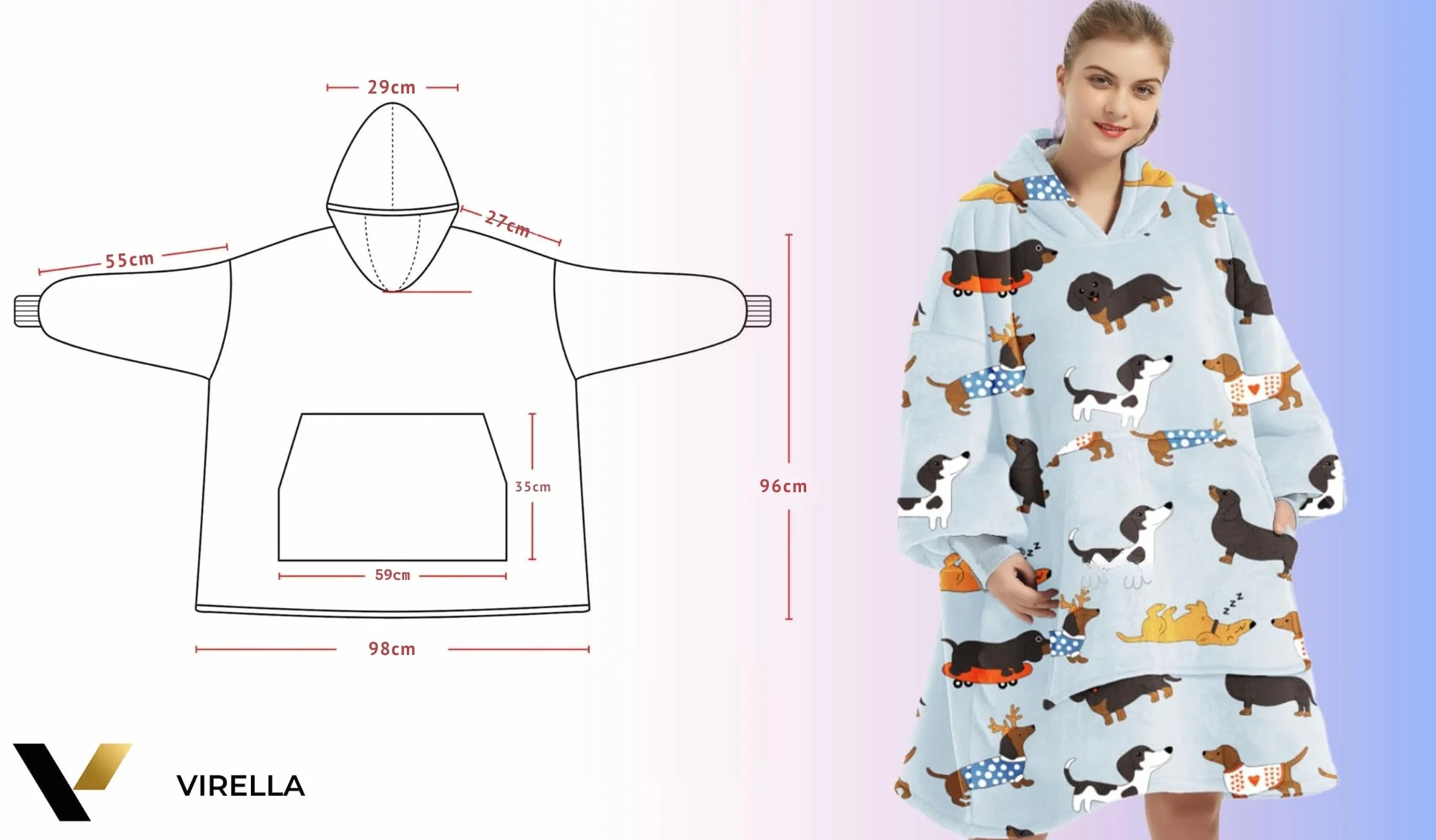 VIRELLA Kocobluza Oversize Dwuwarstwowa Polar XXL + Sherpa z Kapturem i Kieszenią – Gruba Bluza Koc Unisex