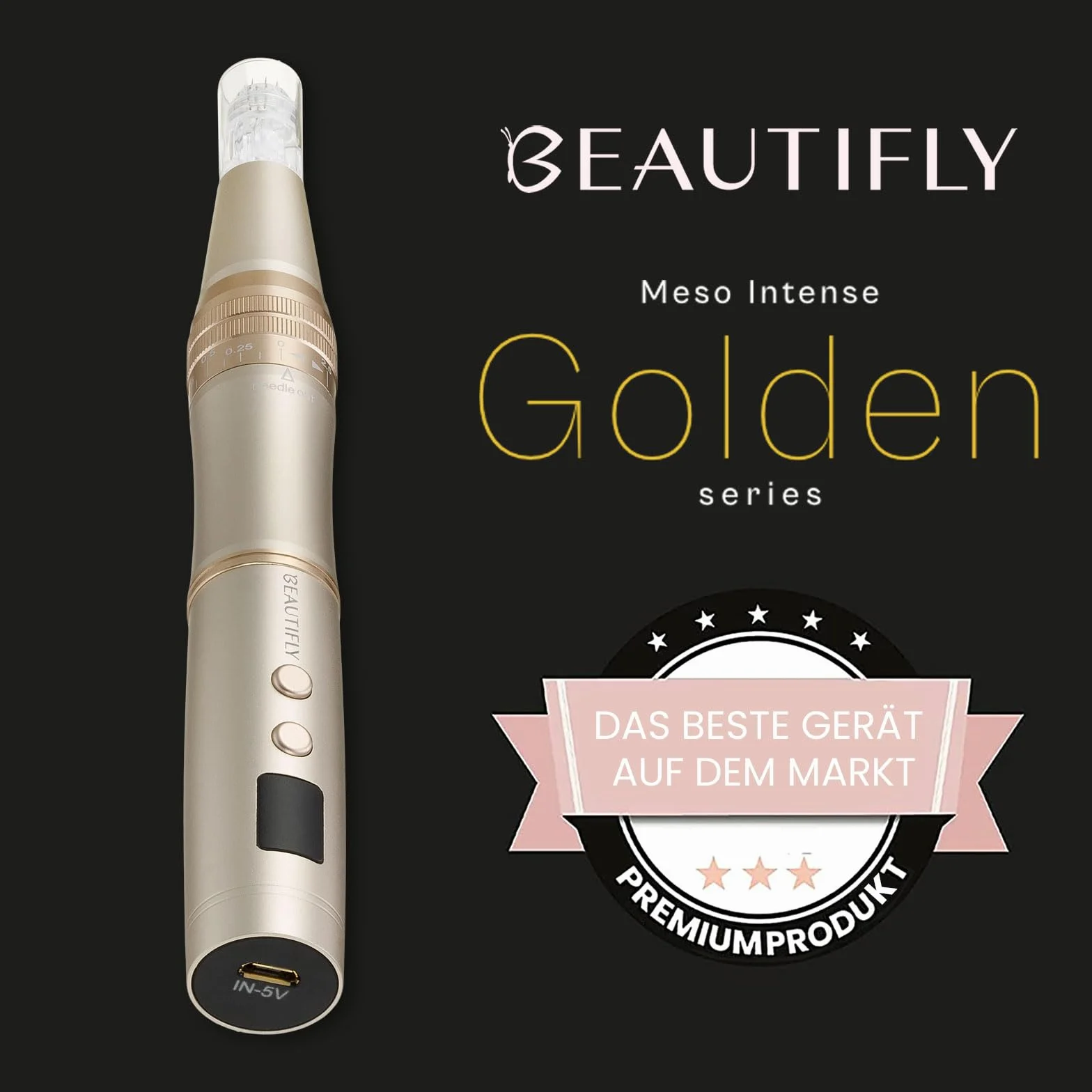 Beautifly Meso Intense Golden Microneedling Pen, mezoterapia, urządzenie do masażu twarzy, przeciwzmarszczkowe, dermapen, derma roller, urządzenie do masażu, przeciw starzeniu się, masaż, masaż twarzy