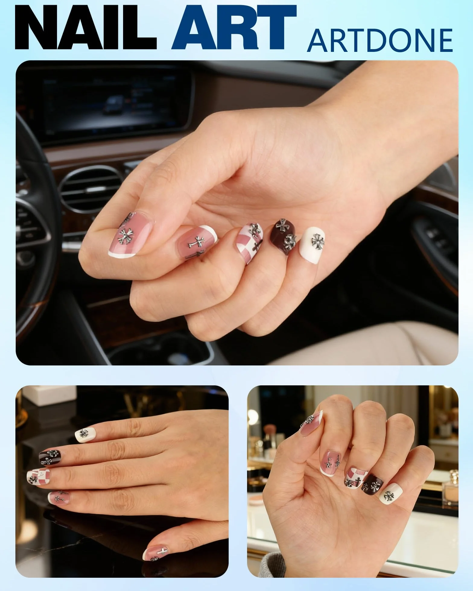 3D Naklejki do Paznokci, 300 Sztuk Dekoracje do Paznokci, Metalowe Charms do Paznokci w Stylu Punk Gotyckim Retro Srebrne, Charmy do Paznokci z Krzyżem do Nail Art DIY i Salonu