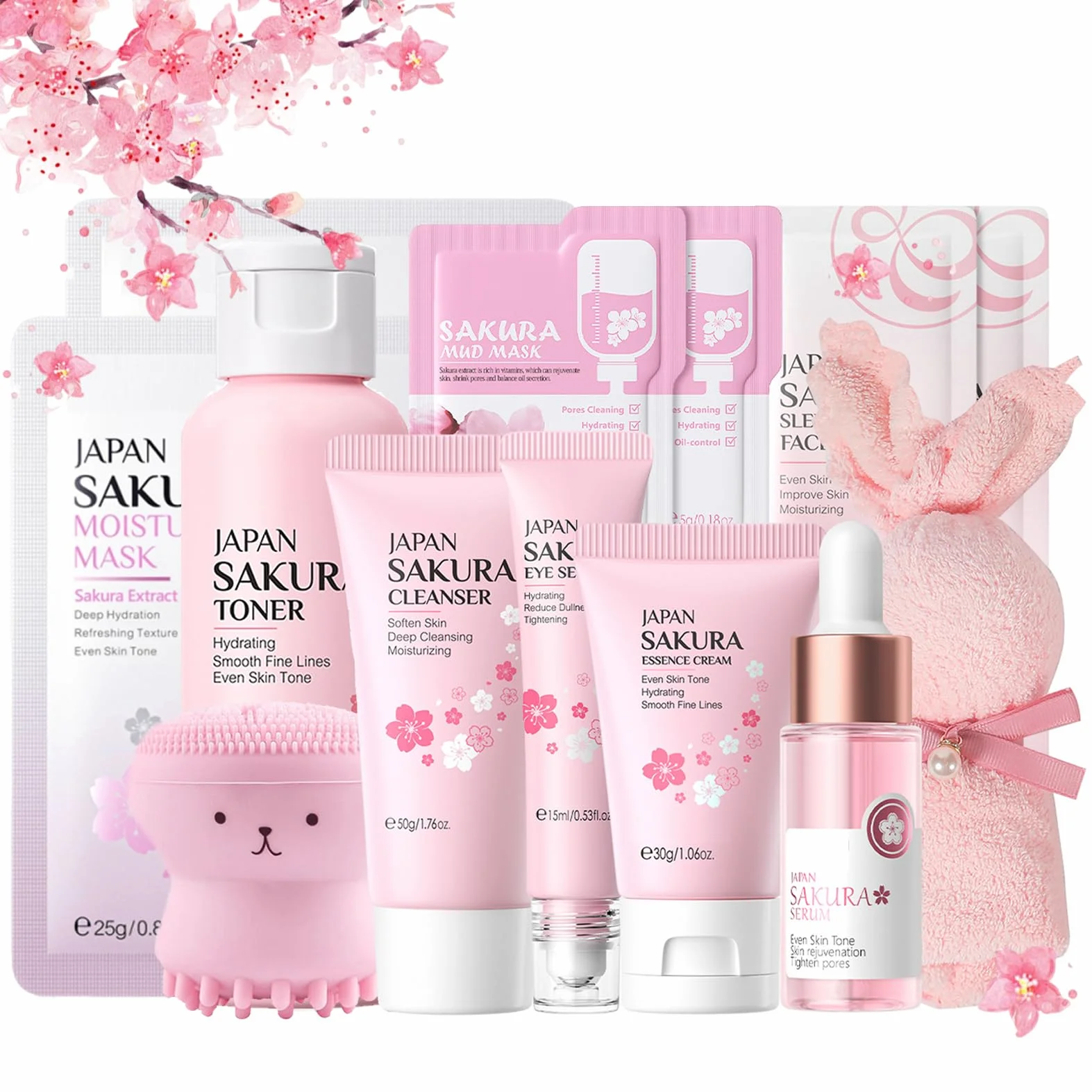 Japan Sakura zestaw do pielęgnacji skóry dla nastolatek, zestaw nawilżający, zestaw do pielęgnacji twarzy, zestaw do pielęgnacji twarzy, zestaw prezentowy dla kobiet – oczyszczające serum do twarzy,