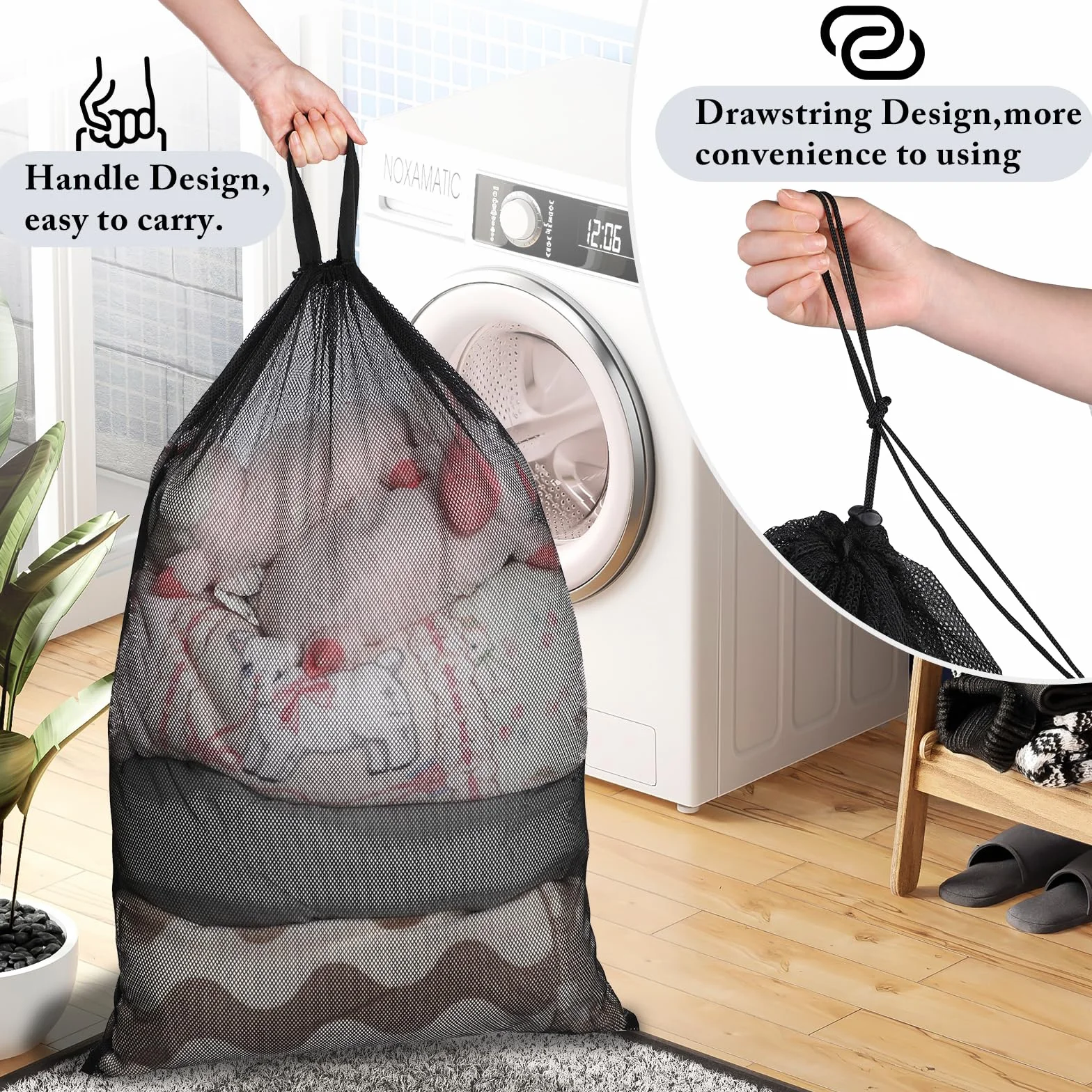 WD&CD Duży worek na pranie do pralki, 2 sztuki, duża siatka na pranie ze stoperem, worek XXL na koce, plecaki, długie spódnice, do mieszkania, akademika itp., 60 x 90 cm, czarny