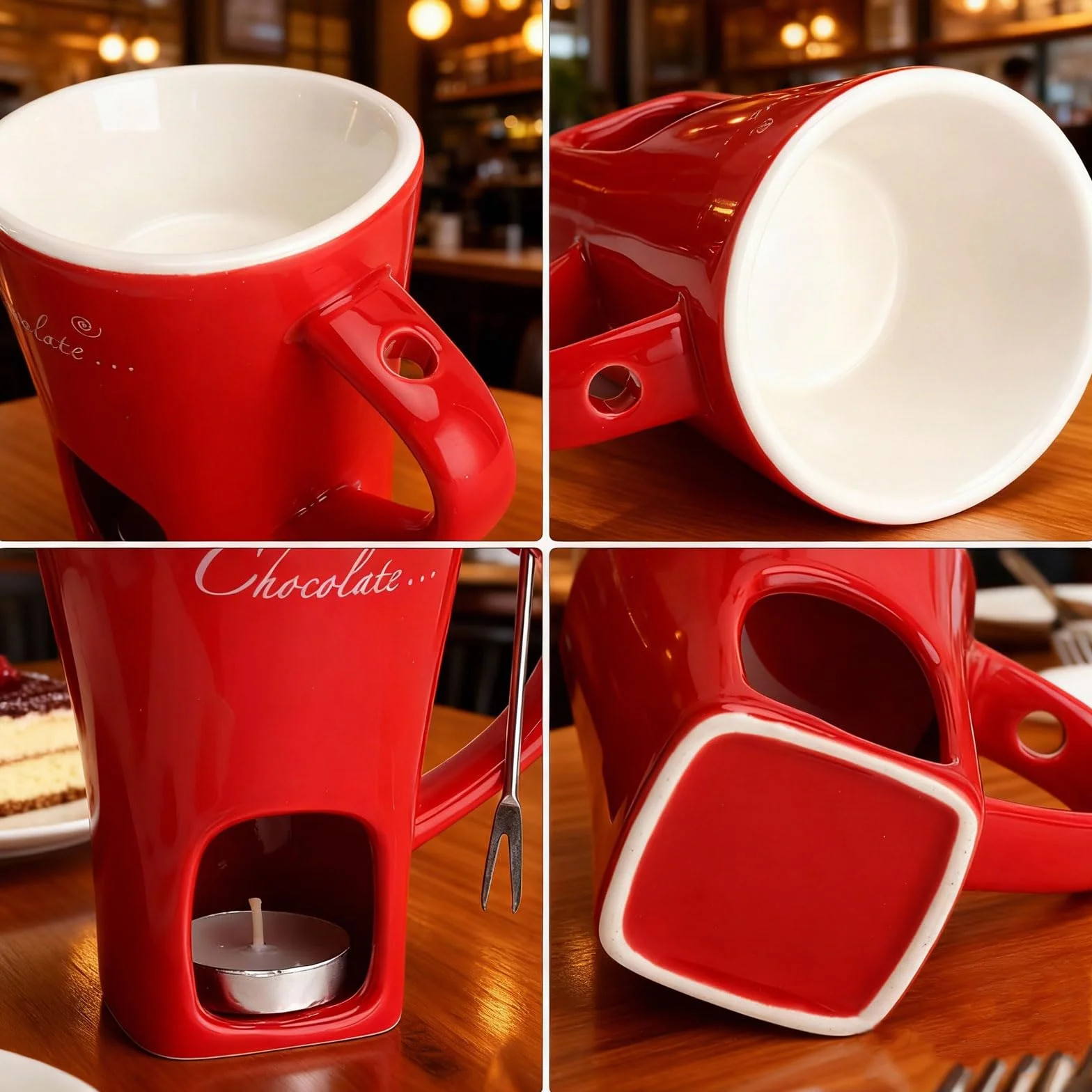 Kubek do fondue czekoladowego, ceramiczny, 130 ml, czekoladowy kubek do fondue z uchwytem na podgrzewacze i widelcami, czekoladowe fondue, zestaw do fondue, czekolady, fondue, zestaw do topienia