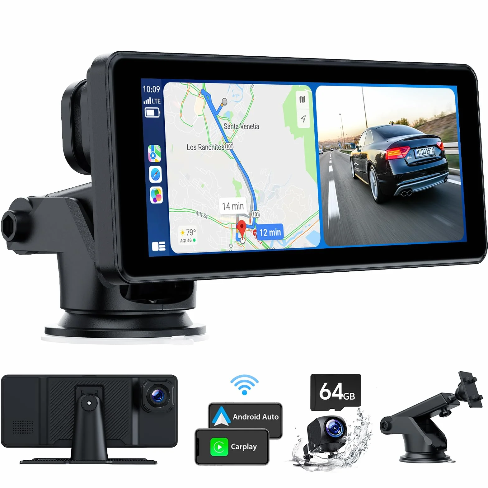 Volam Bezprzewodowy wyświetlacze samochodowy Volam A-pple Carplay z Androidem i kamerą 2,5K, cofania 1080P, ekranem 6,86 cala, Siri, Google, GPS, Mirror Link