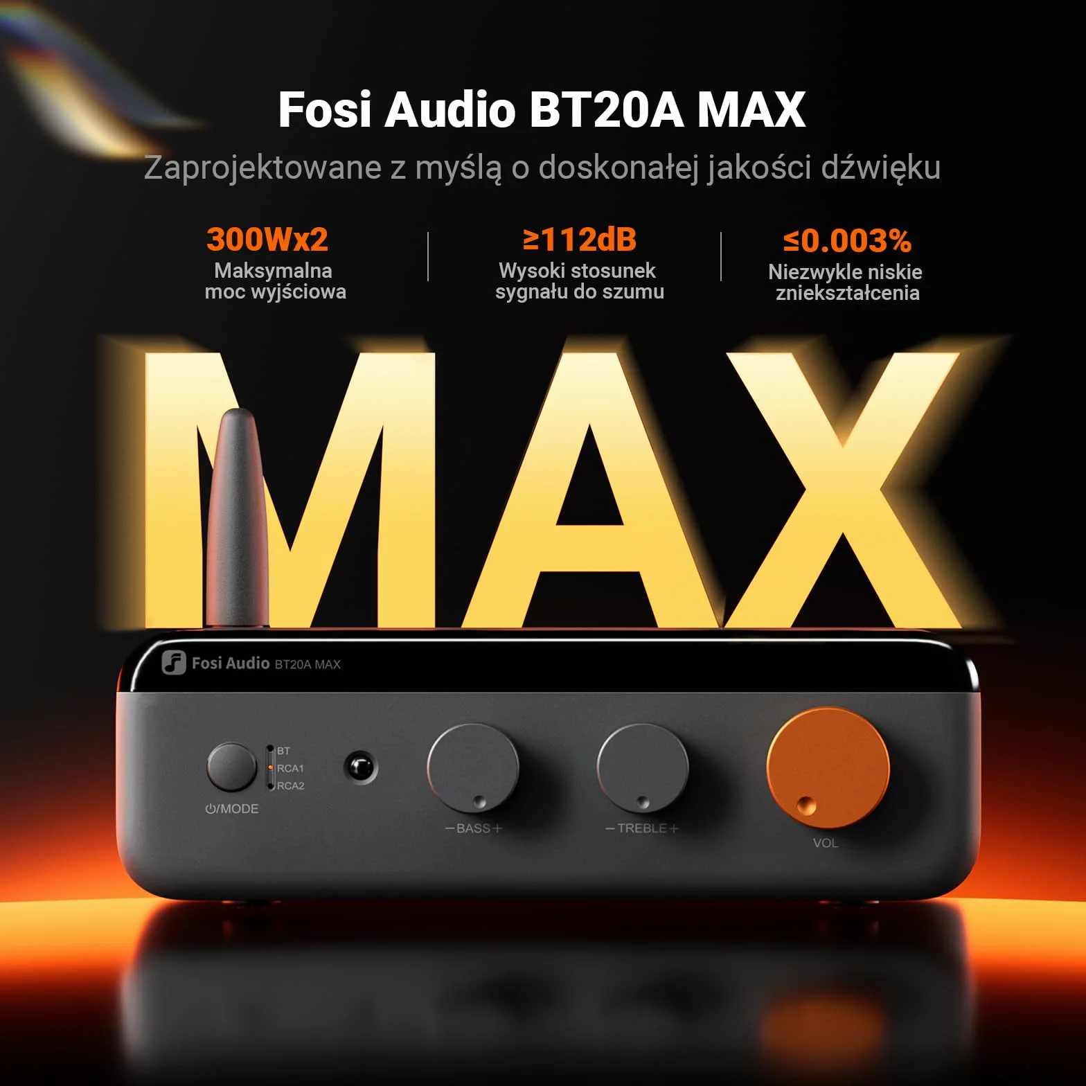 Fosi Audio BT20A MAX Wzmacniacz Mocy Stereo, 300W x2 Wzmacniacz Audio Hi-Fi z Technologią PFFB, LDAC Bluetooth 6.0, Podwójne Niezależne Zasilanie, Pilot Zdalnego Sterowania, Idealny do Systemów 2.1