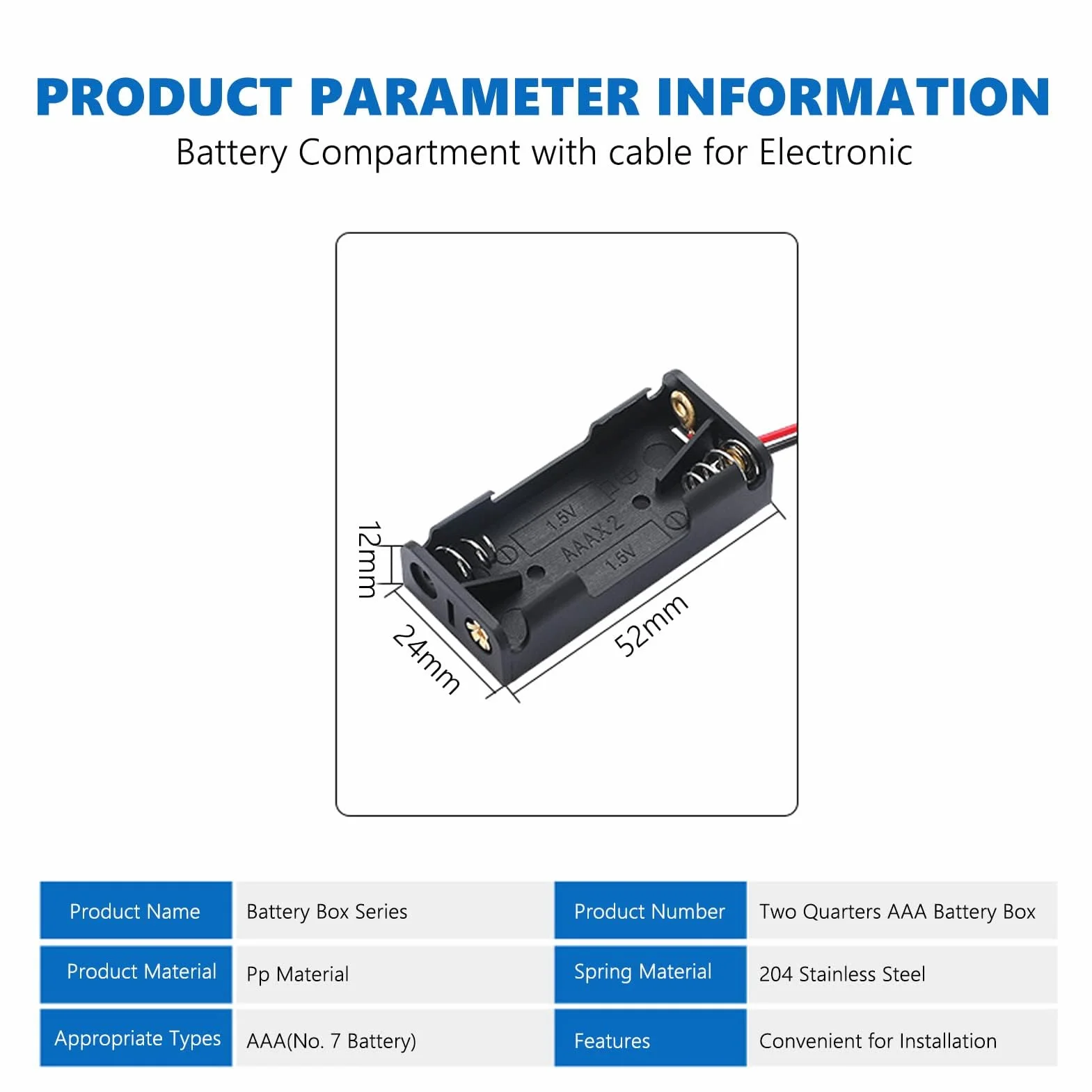 10 sztuk 2 x AAA, pojemnik na baterie z tworzywa sztucznego z kablem do zabawek elektronicznych, urządzeń gospodarstwa domowego, komora baterii, 2 x AAA (2 węzły)