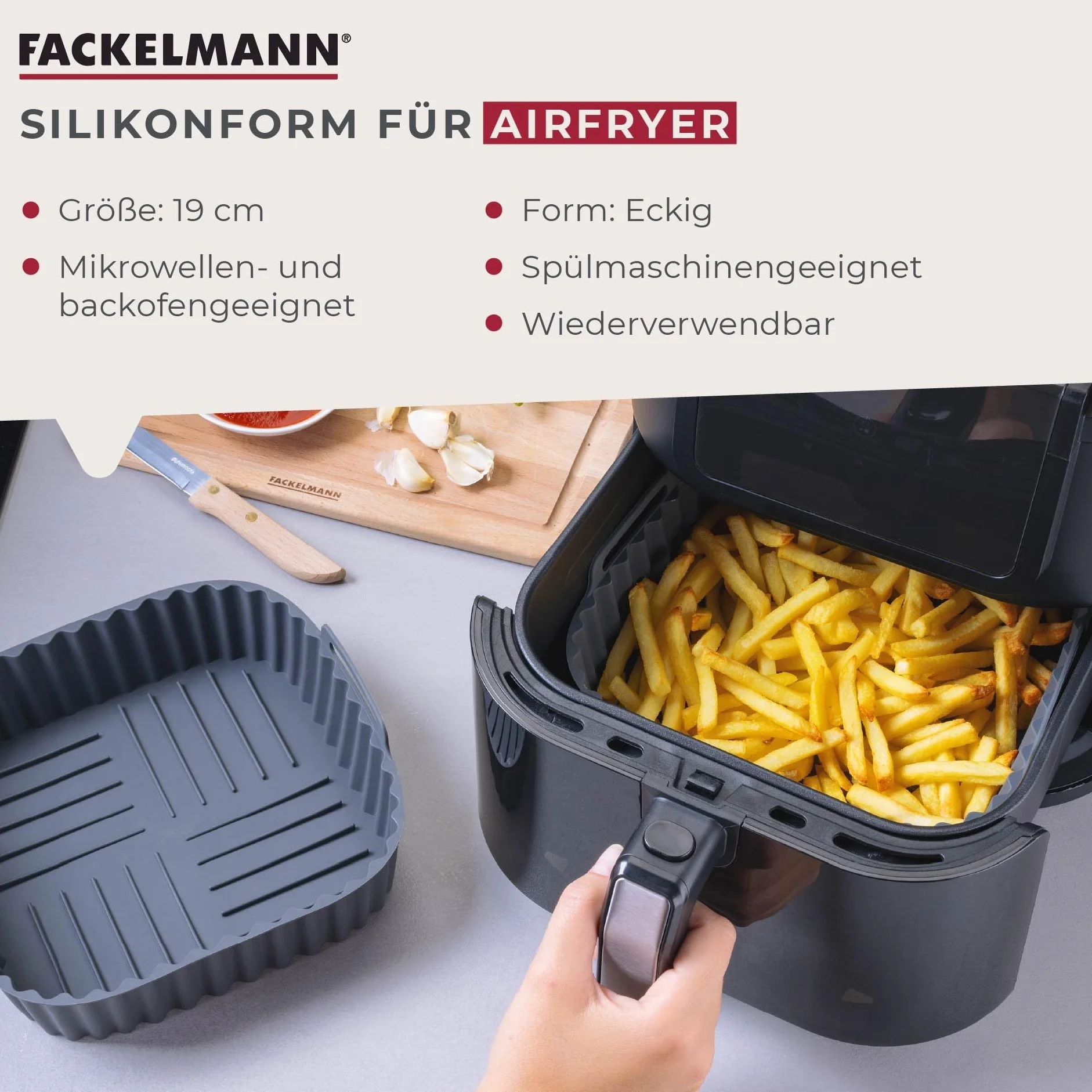 Fackelmann Silikonowa kwadratowa forma do frytkownicy powietrznej 19 cm, nieprzywierająca patelnia wielokrotnego użytku, do 230 stopni C