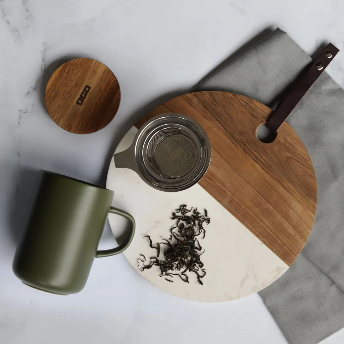 OGO LIVING Juliet herbata ziołowa 475 ml - idealna do herbaty i herbaty ziołowej - kubek do herbaty z kamionki i pokrywką z drewna akacjowego - zielony khaki - 7912034