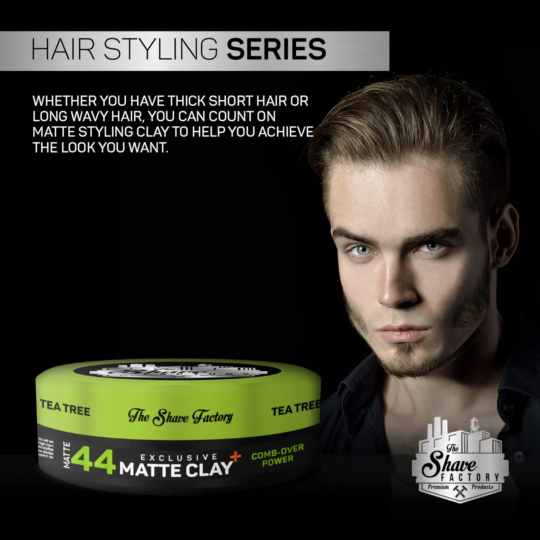 The Shave Factory Ekskluzywna matowa glina 150 ml, 44 grzebienie, z drzewem herbacianym dodatkowym uchwytem
