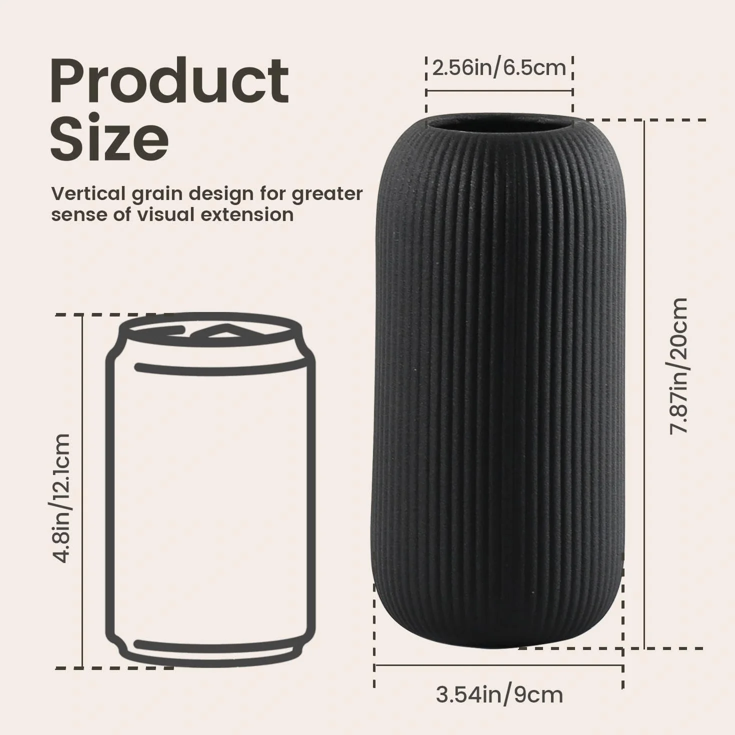 Nowoczesny wazon ceramiczny, biały, żebrowany, kształt cylindryczny (czarny)