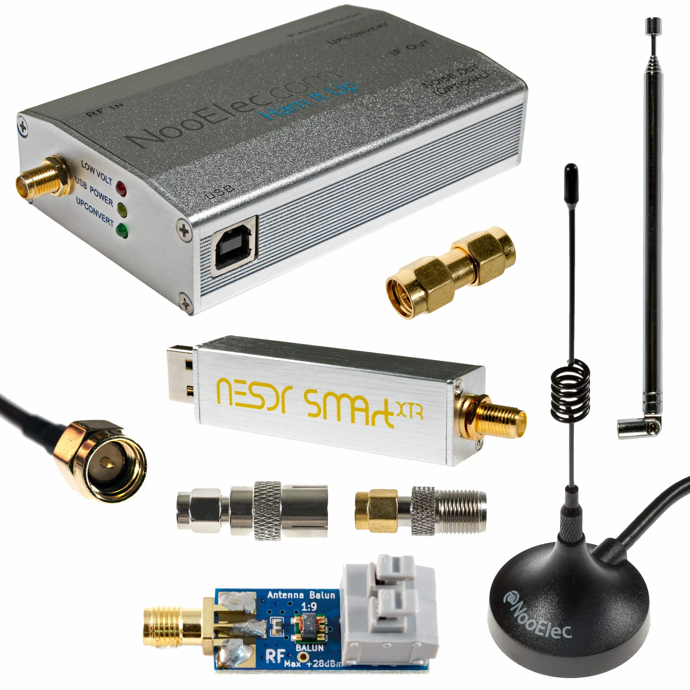 NESDR SMArt XTR HF Bundle: 300Hz-2.3GHz Software Defined Radio Set for LF/HF/UHF/VHF. Zawiera NESDR SMArt XTR RTL-SDR, zmontowany konwerter Ham It Up Plus, 3 anteny, balun, adaptery i kable