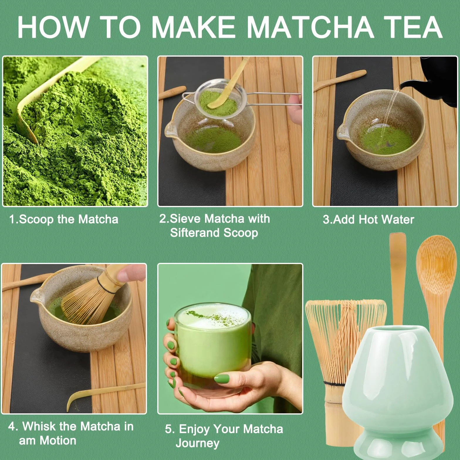 Miotełka do matcha – Zestaw miotełek do matcha – 4-częściowy zestaw z łyżeczką i ceramicznym uchwytem – idealny do przygotowania matcha i ceremonii – cyjanowy