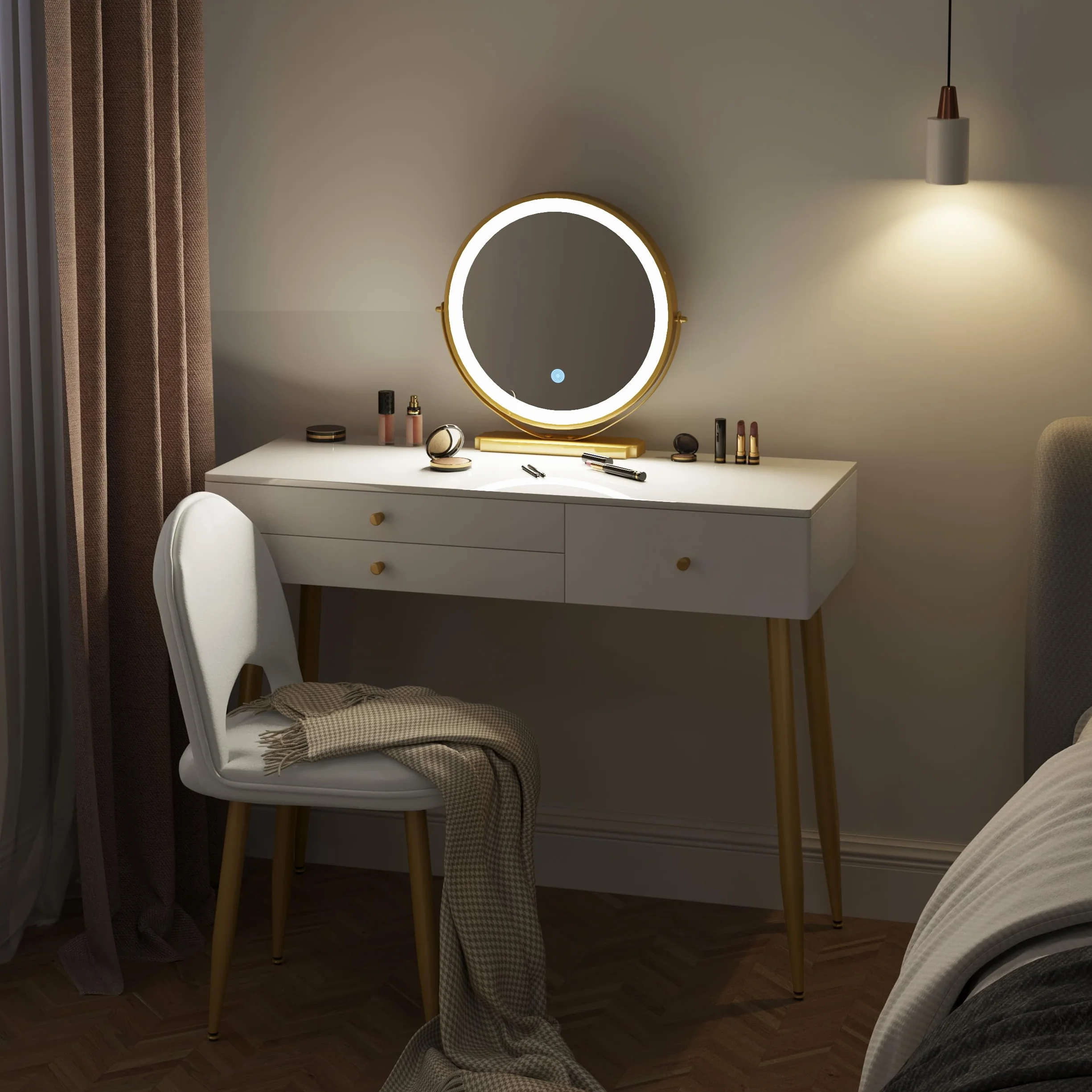 WOLTU Toaletka z lustrem LED, regulowane oświetlenie, 3 szuflady, duży blat 100x40 cm, z aksamitnym stołkiem, biały + krem + złoty, MB6105ws