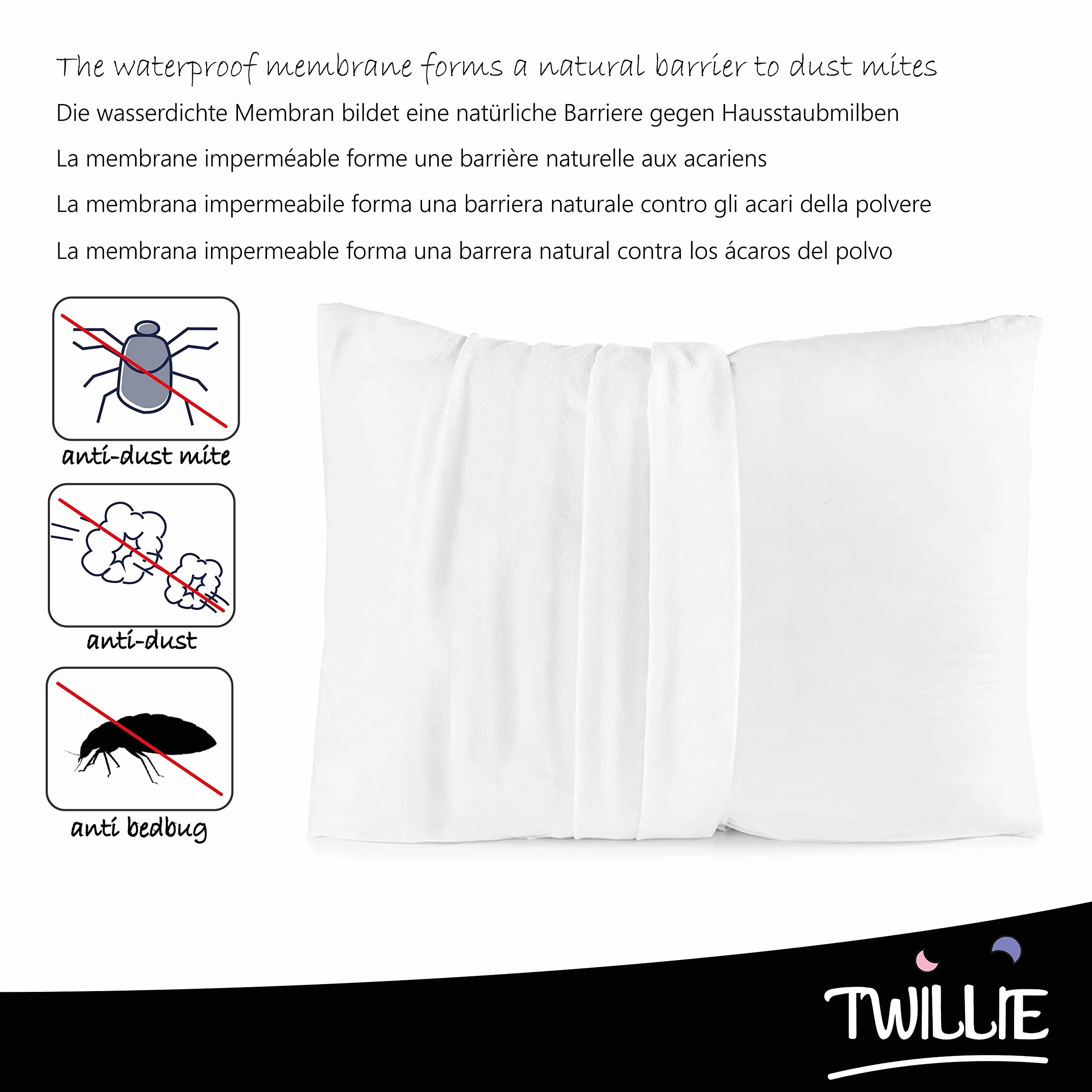 Twillie Zestaw 2 poszewek na poduszki wodoodporne 50 x 70 Oeko Tex® Antiroztocza Micro Oddychająca Ultra cienka