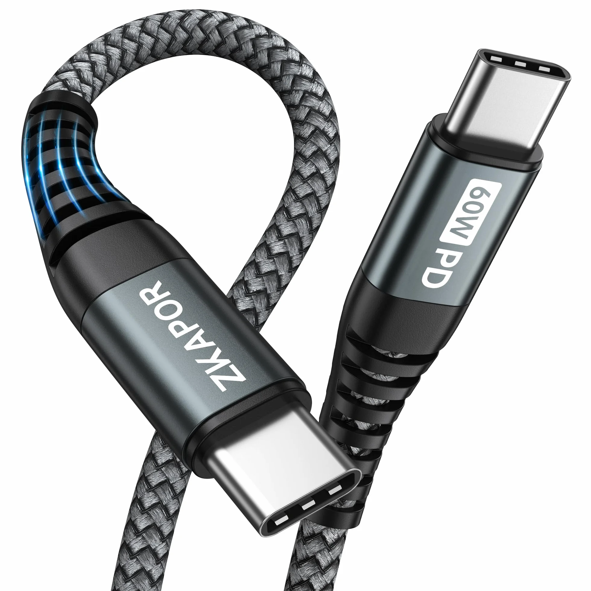 ZKAPOR Bardzo długi kabel USB C do USB C 3M, kabel typu C 60W Kabel do ładowarki USB typu C Szybkie ładowanie do Samsung Galaxy S22 /S21 /S20, Pad Pro 11''2020, Air 2020/2018, Huawei P40 /P30 -Szary