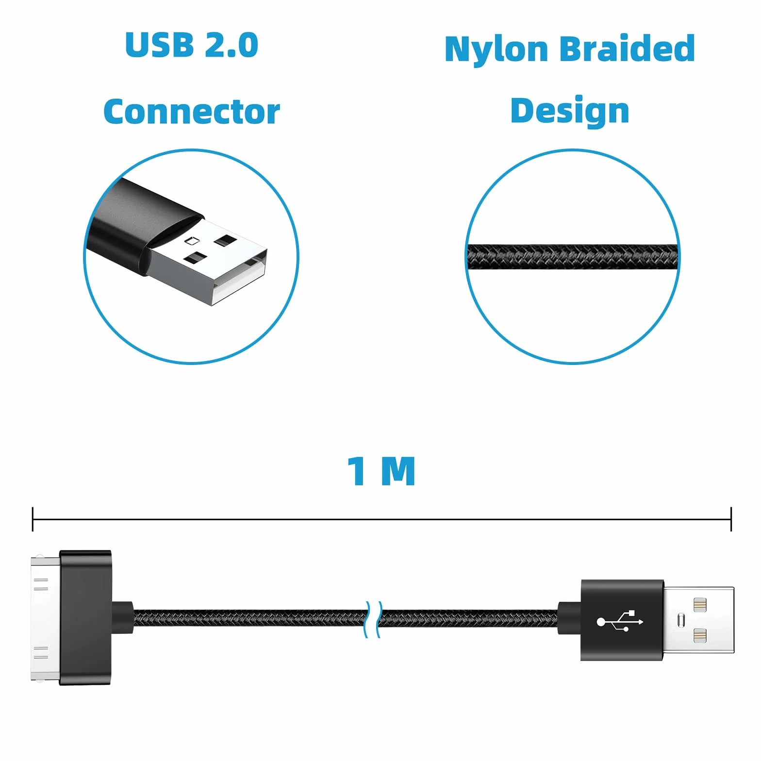 Kabel 30-pinowy o długości 100 cm, kompatybilny z iPhone 4s/4, iPhone 3G/3GS, iPad 1 2 3 i iPod, kabel USB do ładowania i synchronizacji, czarny