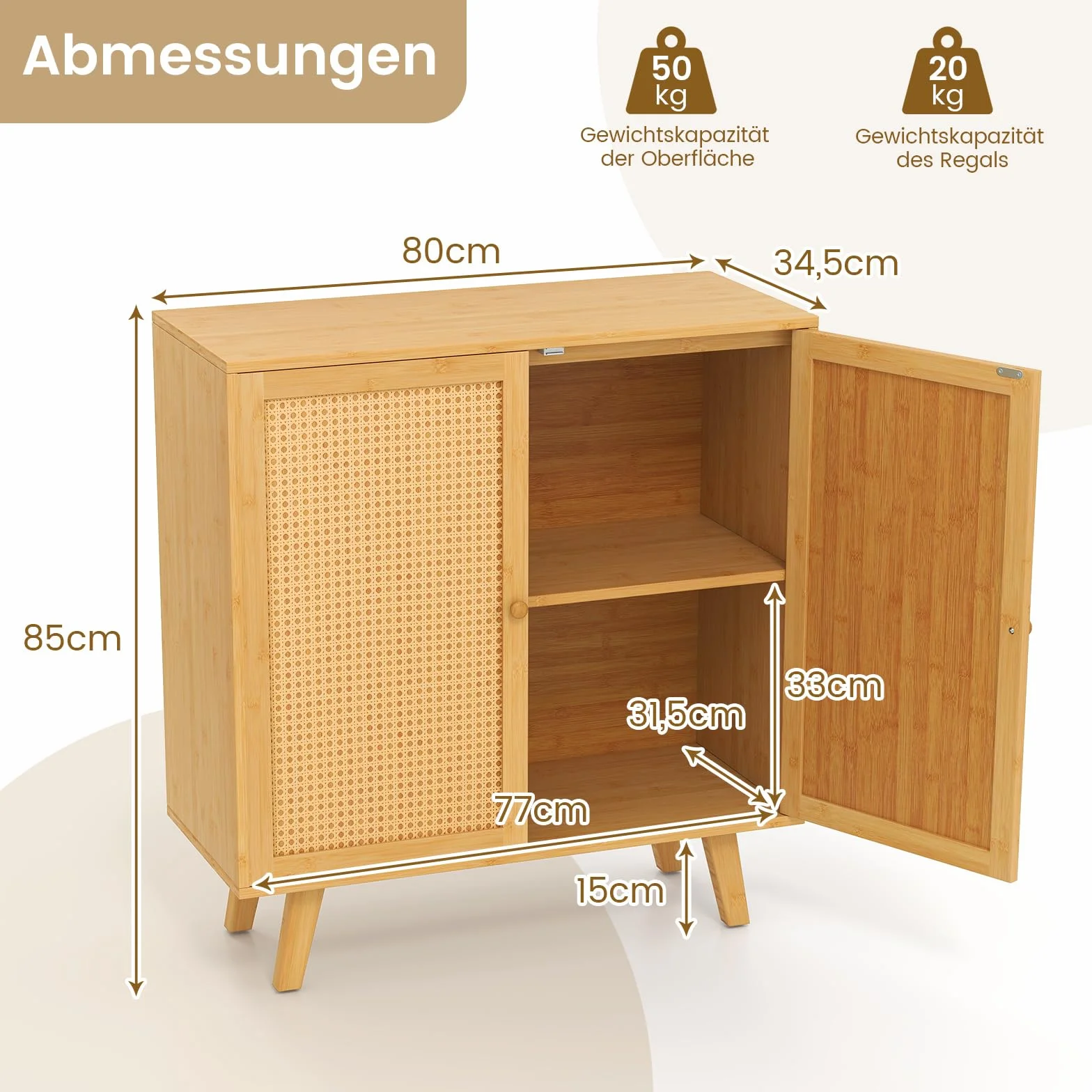 COSTWAY Kredens z rattanowymi drzwiami bambusowa szafka kuchenna z blatem roboczym 80x34.5x85 cm naturalny