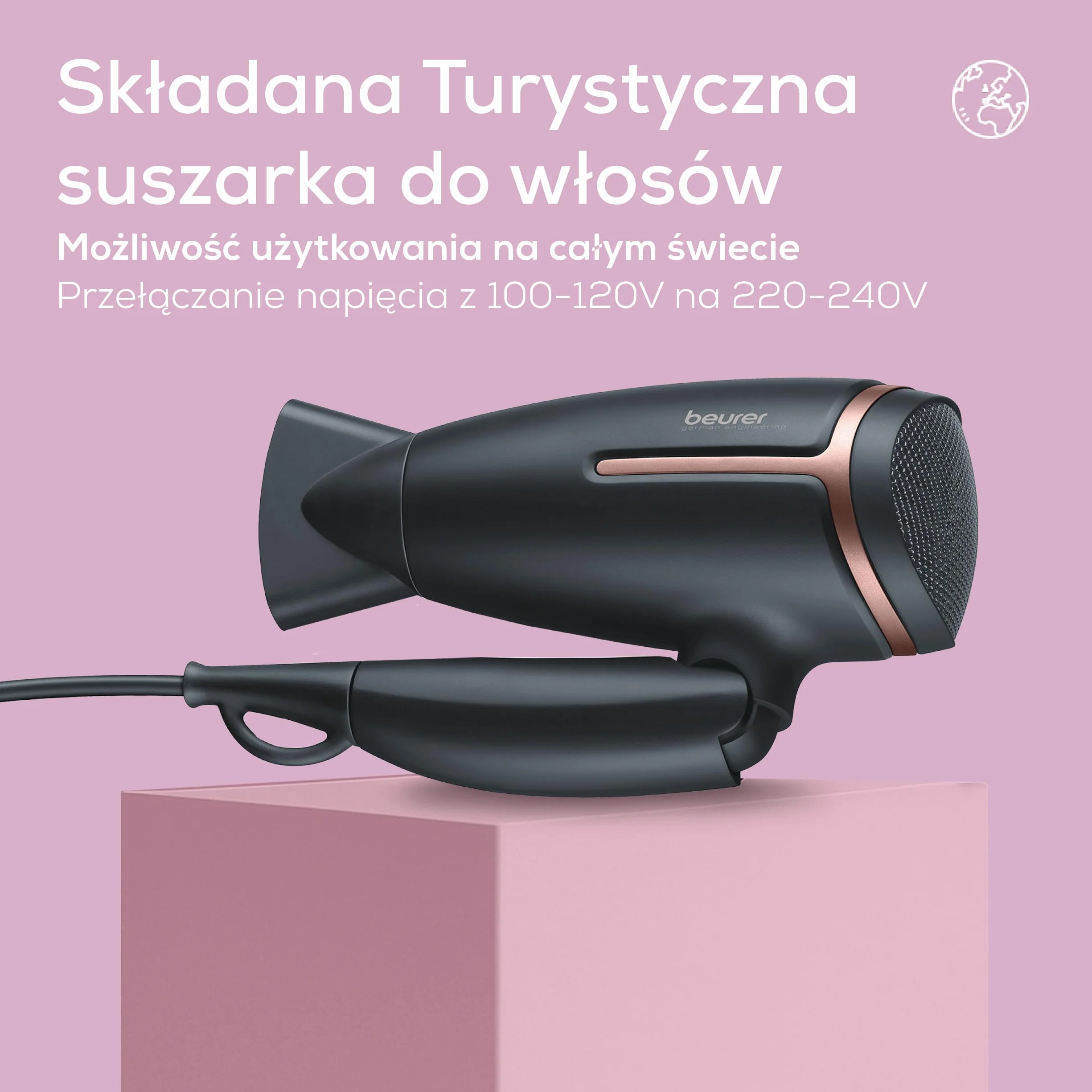 Beurer HC 25 podróżna suszarka do włosów z funkcją jonizacji, mocna, dla miękkich i gładkich włosów, składana, do podróży, 1600 W, regulacja napięcia na całym świecie 110-120/220-240 V