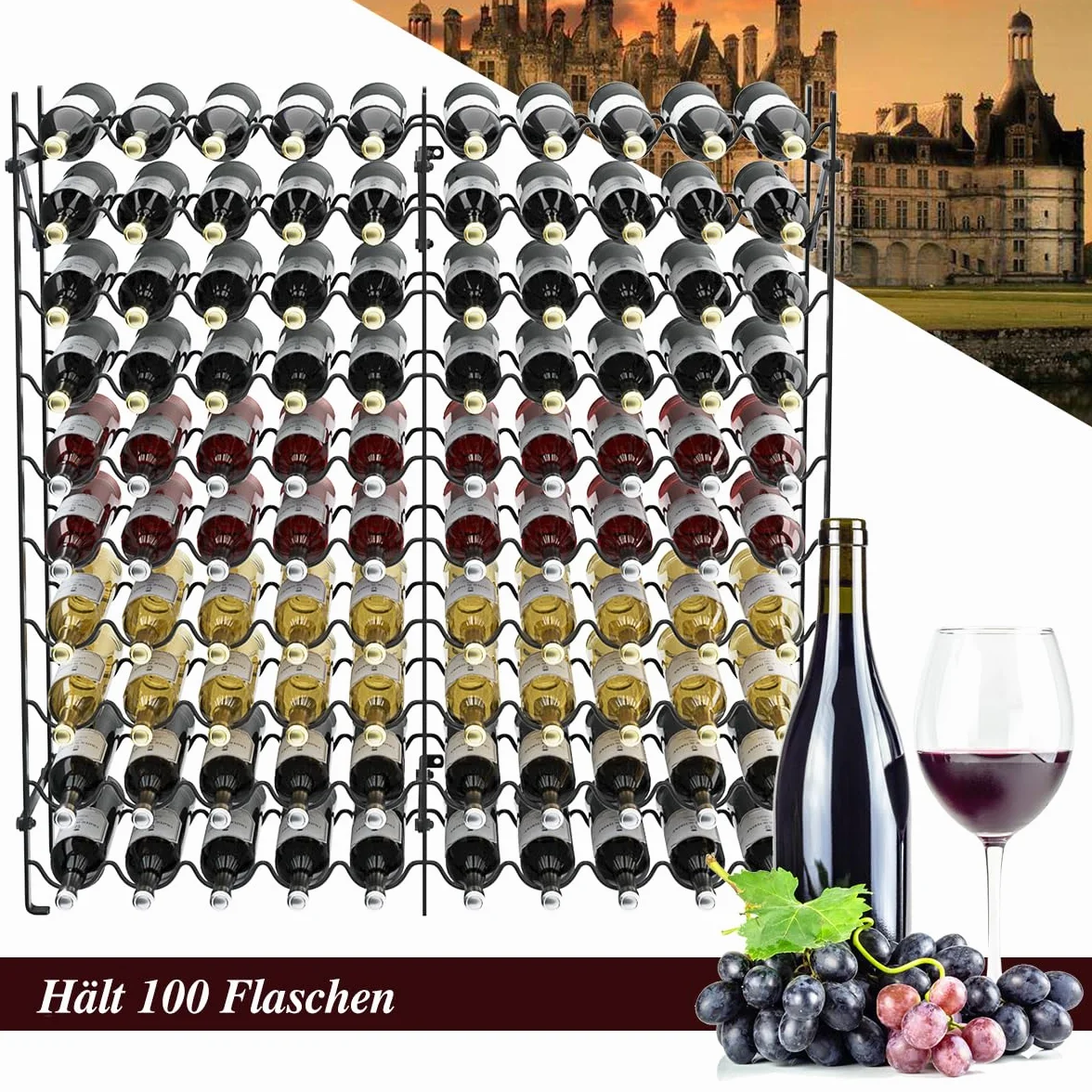 COSTWAY Metalowy regał na wino 100 butelek 10 poziomów 150 kg 98x25x100 cm czarny