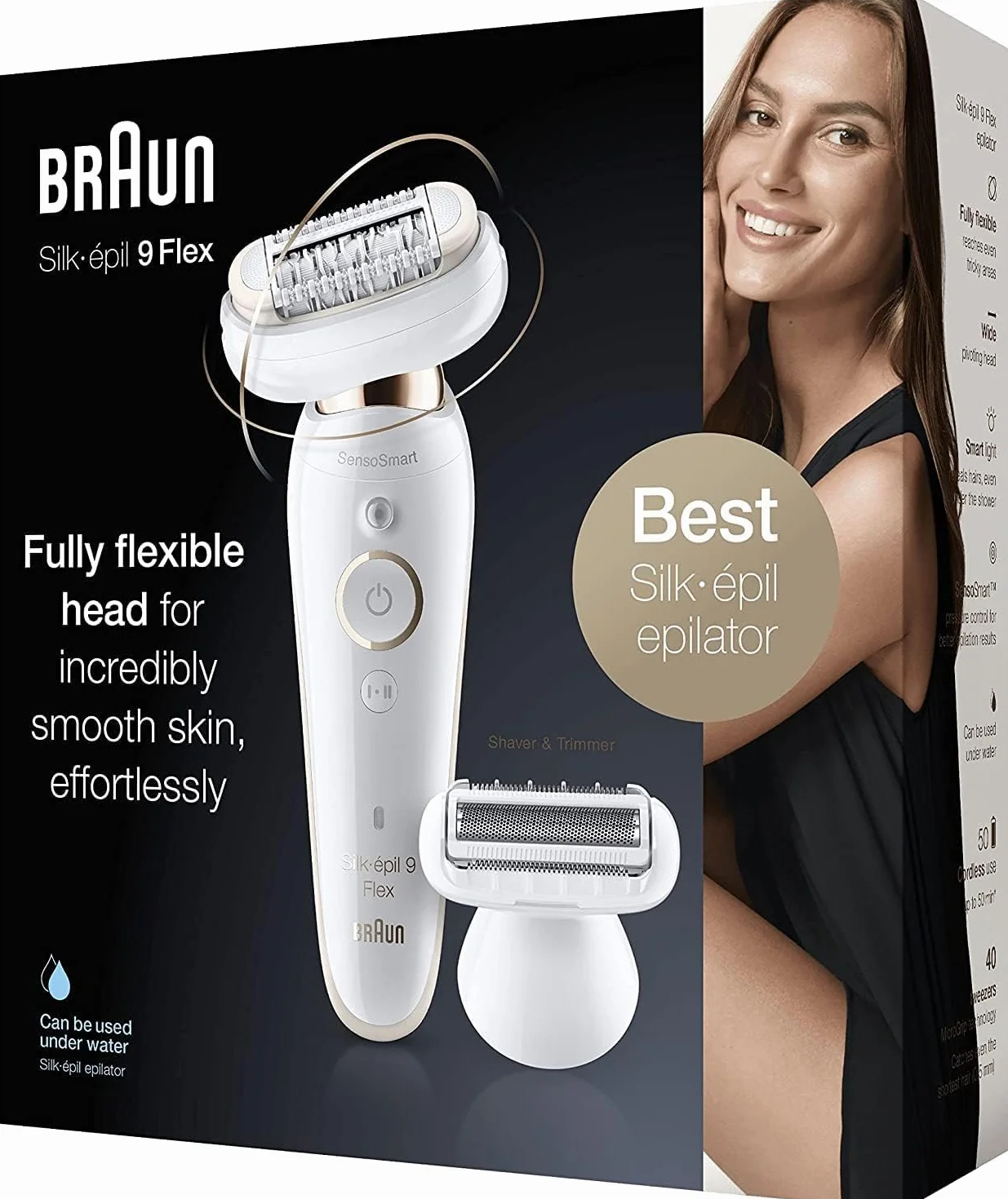 Braun Silk-épil 9 Flex 9-006 depilator dla kobiet/depilator do depilacji, 5 nasadek, torba, z elastyczną głowicą dla łatwiejszego usuwania włosów, 9-006, biały/złoty