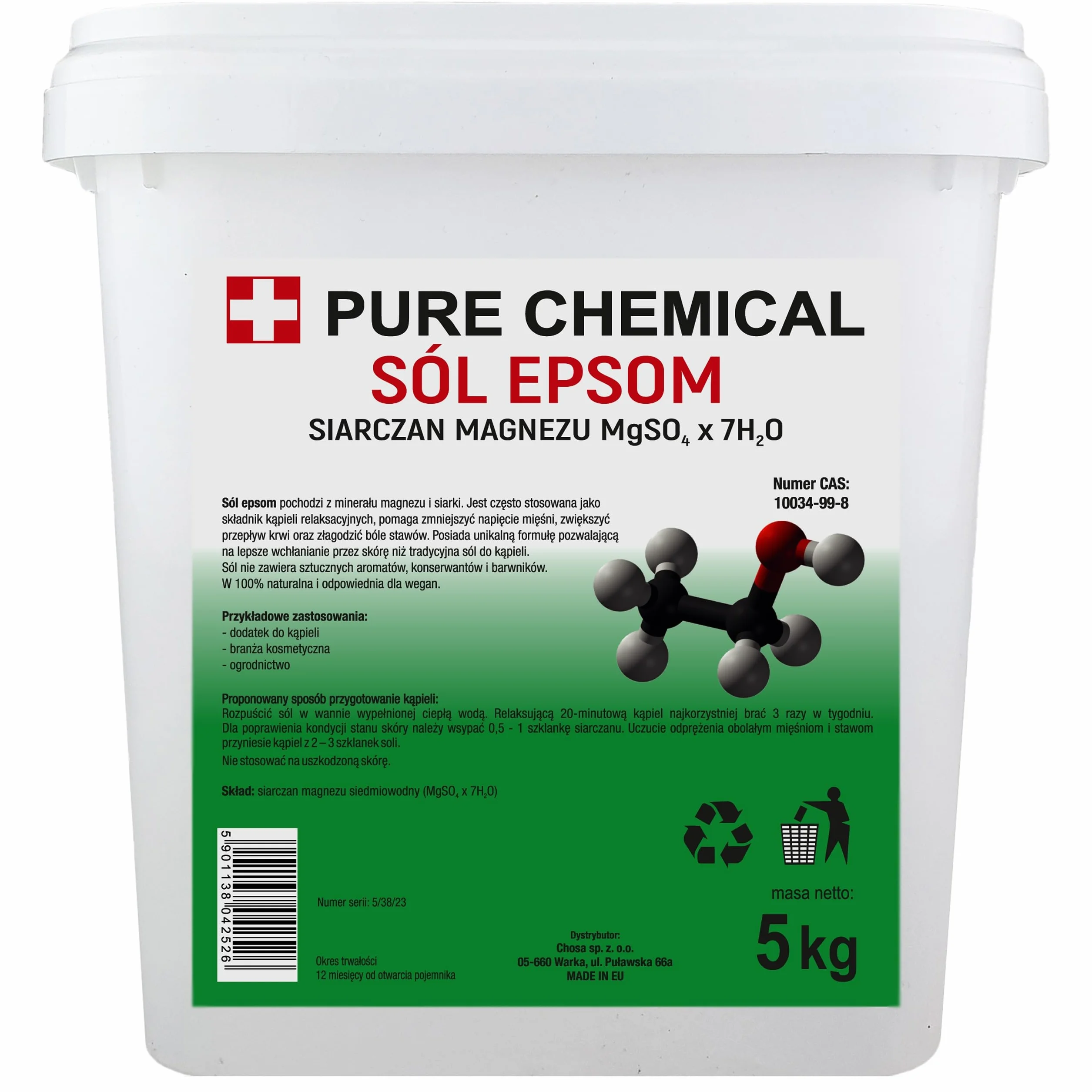 PURE CHEMICAL - Sól Epsom Do Kąpieli - Siarczan Magnezu - Rzymska - Angielska - Gorzka - Wellness - Relaksująca - Pedicure - Przeciwzapalna - Czysta - Bez Zapachu - Naturalna