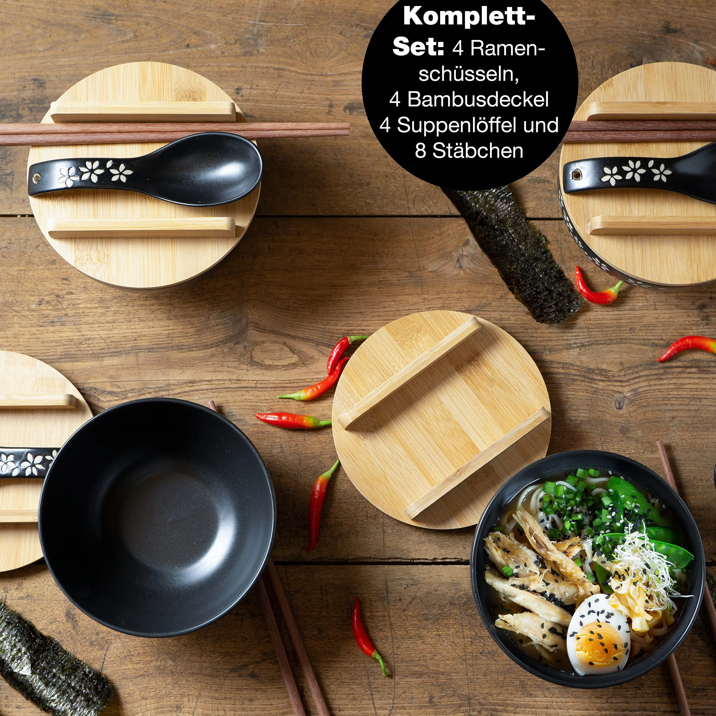 Moritz & Moritz Zestaw 4 ceramicznych misek ramenowych, 600 ml, Ø 15 cm, czarna, dla 4 osób, miska na zupę, Pho i Sushi Bowl, z pałeczkami, pokrywką i łyżką