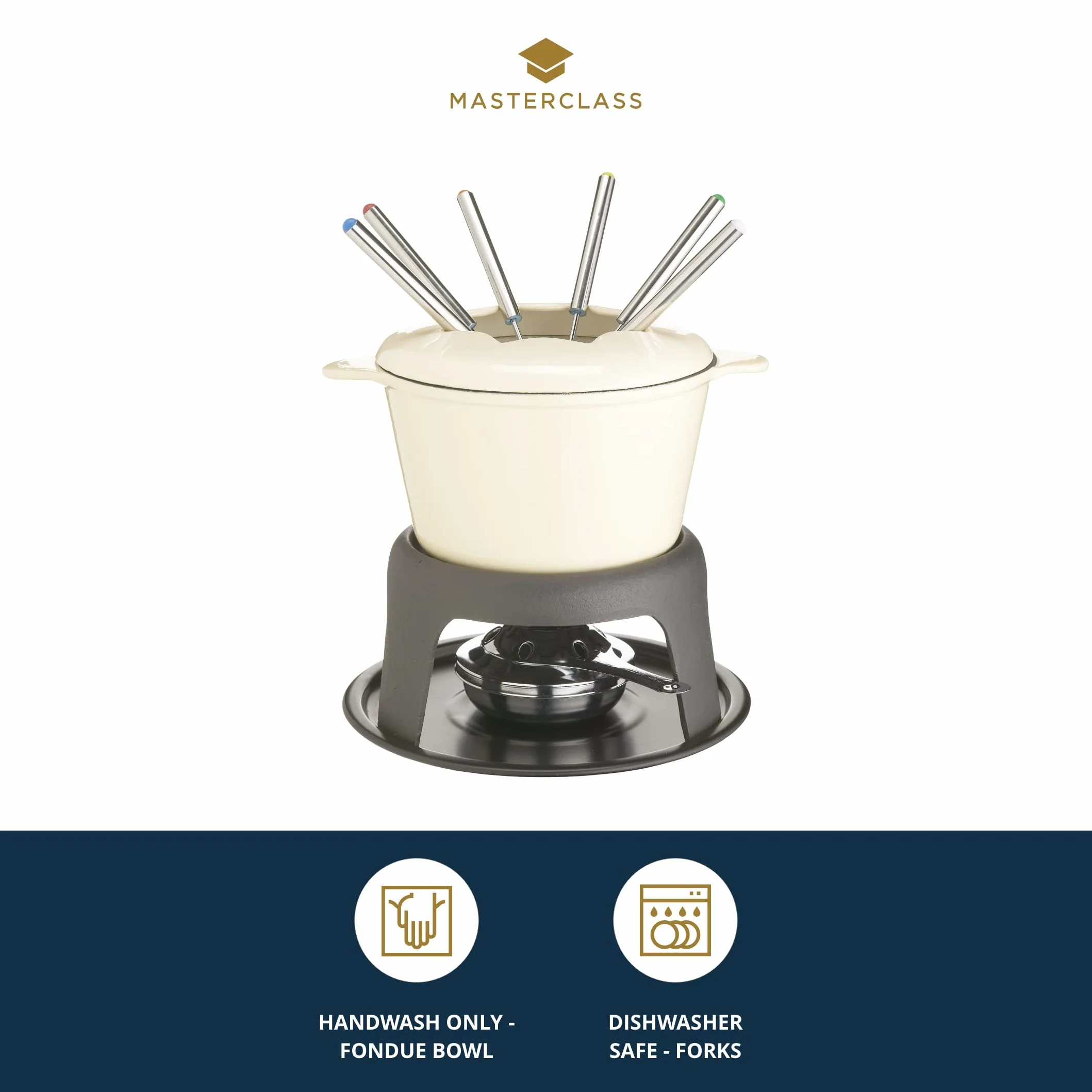 MasterClass Zestaw do fondue z żeliwa, garnek do fondue z 6 widelcami i emaliowaną miską z żeliwa, doskonała retencja ciepła i regulowany palnik, w pudełku prezentowym, kremowy, 21 x 18 cm